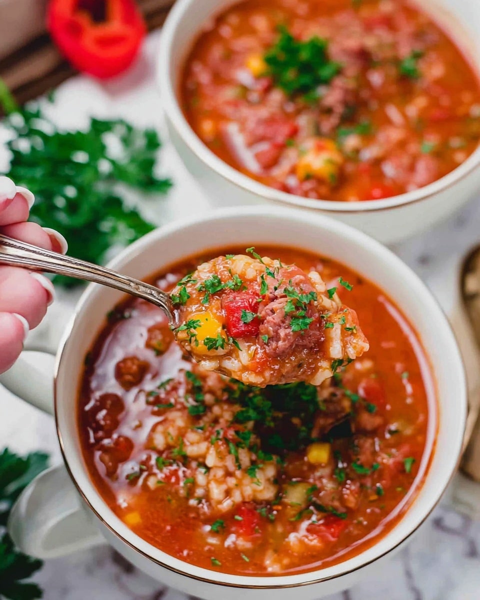 The image shows two white bowls filled with thick, chunky tomato soup with visible pieces of rice, red peppers, and corned beef. The soup is vibrant red with a rich texture and is topped with fresh green herbs, likely parsley, adding a bright contrast. A spoon held by a woman's hand lifts a generous spoonful of soup from the front bowl, showing a close-up of the hearty mix with bits of rice, vegetables, and meat, revealing the detailed texture and colors clearly. The bowls sit on a white marbled surface with some parsley and red pepper pieces slightly blurred in the background, giving a fresh and cozy feeling to the setting. photo taken with an iphone --ar 4:5 --v 7