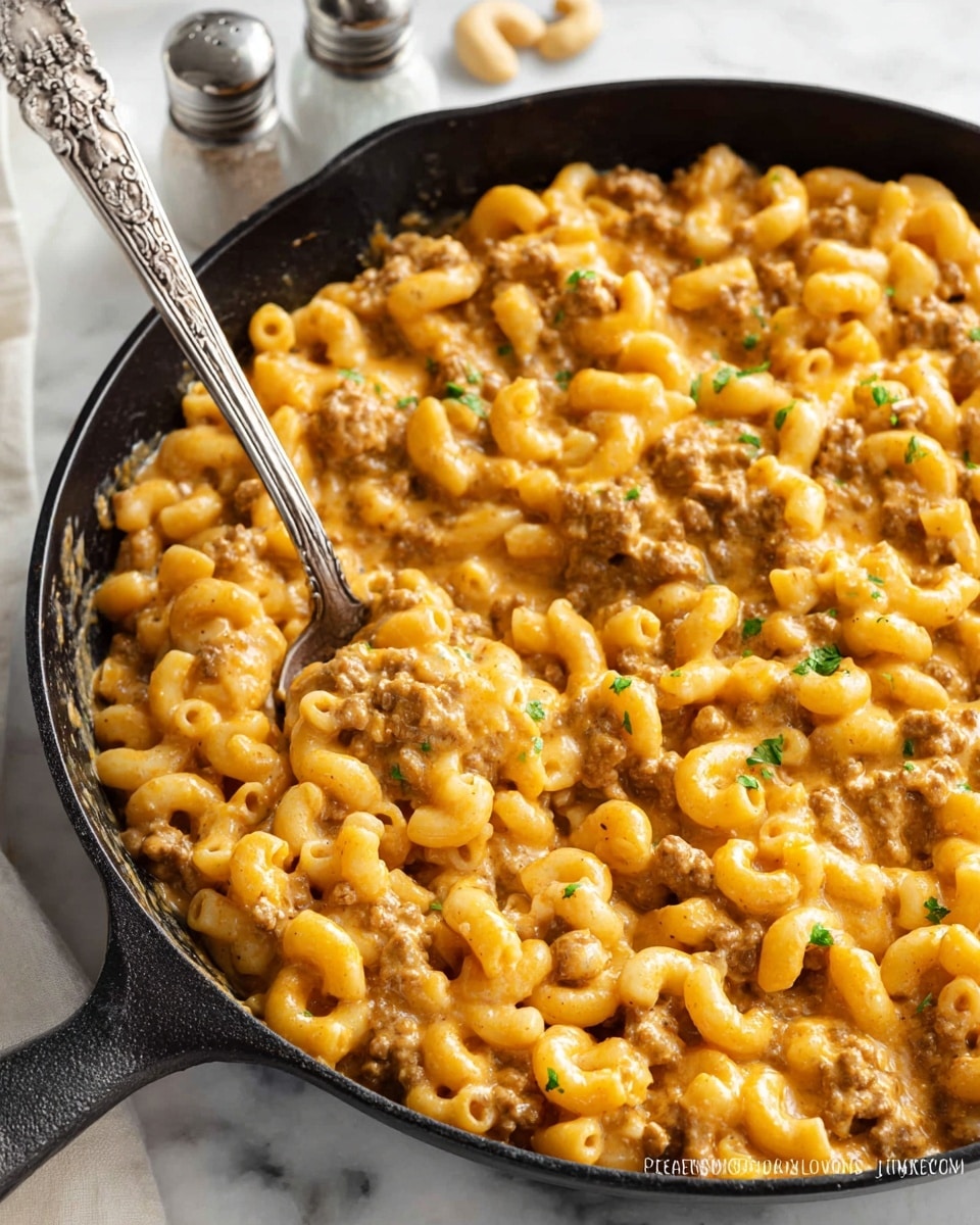 A black skillet filled with a creamy dish made of elbow macaroni pasta and ground meat mixed in a rich golden-orange cheese sauce. The dish has small green herb pieces sprinkled on top and is slightly shiny, showing its moist and cheesy texture. A silver spoon with a detailed handle is scooping some of the pasta mixture, revealing small pasta tubes coated evenly with the cheese sauce and bits of meat. The skillet sits on a white marbled surface, with some yellow cashews and salt and pepper shakers nearby. photo taken with an iphone --ar 4:5 --v 7