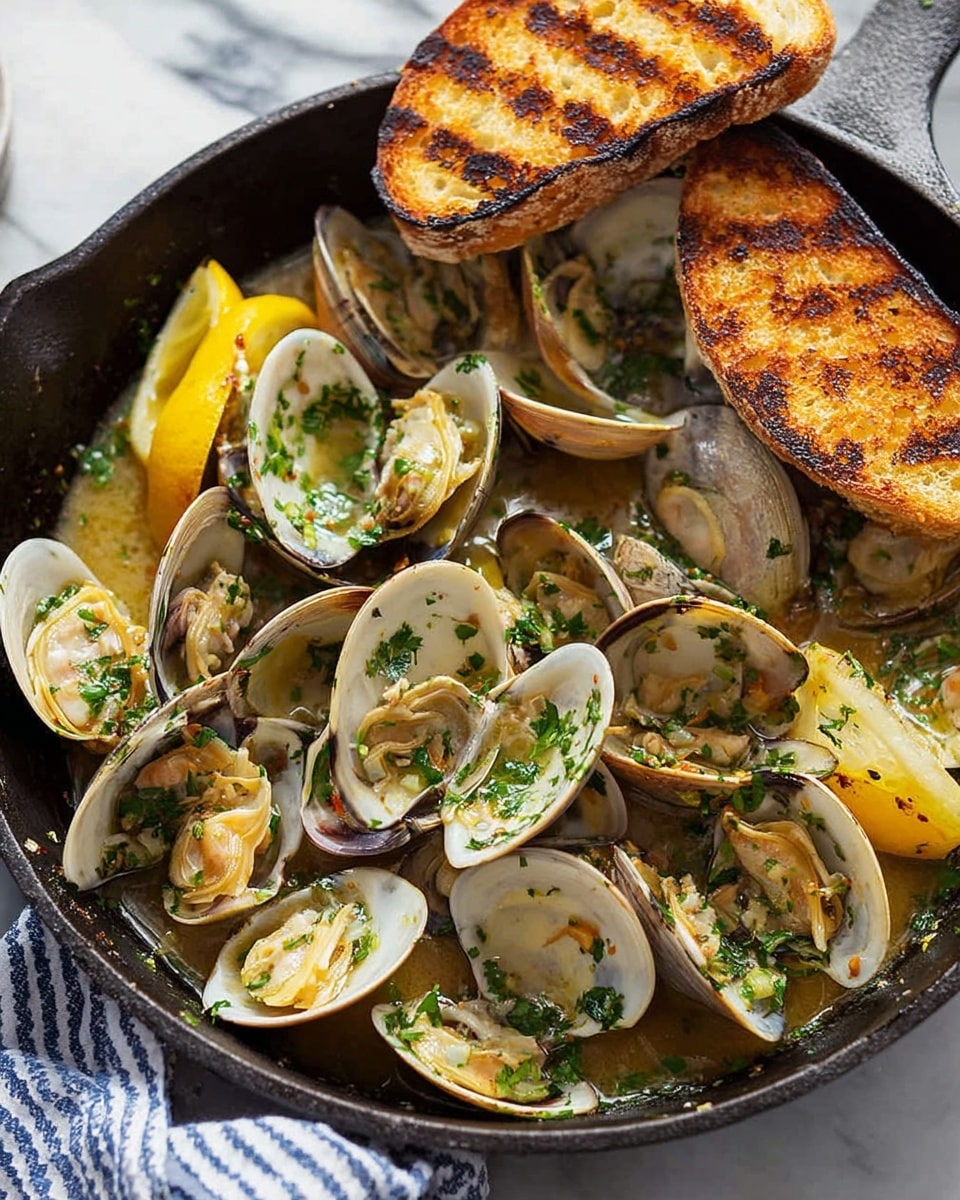 A black pan filled with open clams cooked in a light yellow butter sauce with chopped green herbs sprinkled on top, some visible clam meat inside the shells, and small bits of cooked garlic mixed in the sauce; two lemon wedges sit among the clams, and two toasted golden brown slices of bread rest on the rim of the pan; the pan is placed on a white marbled surface with part of a dark blue and white striped cloth visible underneath, photo taken with an iphone --ar 4:5 --v 7