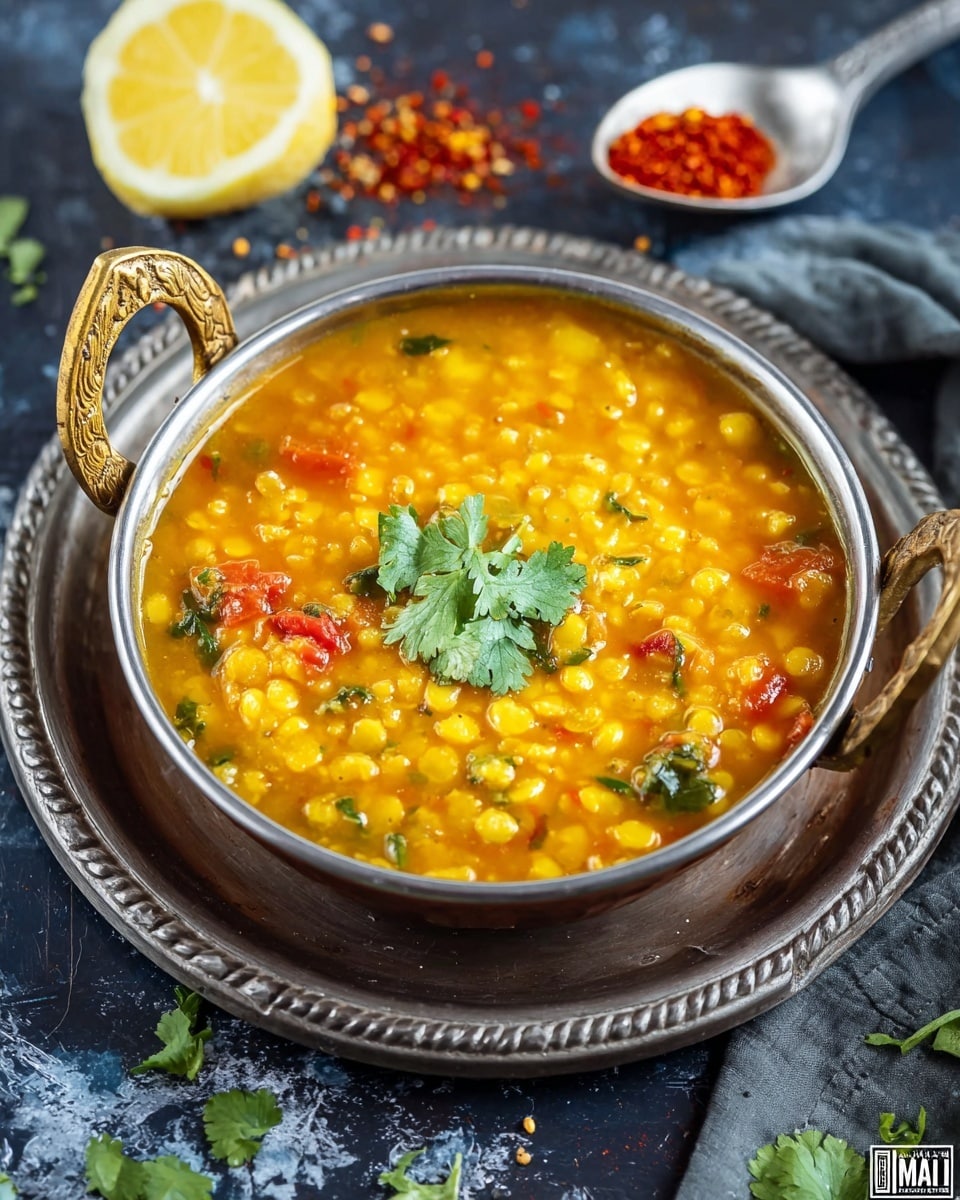 A silver round bowl with ornate golden handles contains a thick, orange-brown lentil stew with visible yellow lentils and small pieces of red tomato, garnished with a small sprig of fresh green cilantro in the center. The bowl is placed on a rustic brown wooden and metal tray with a piece of cloth under it, set on a white marbled surface. To the upper right, a silver spoon holds a bright red powder, with more of the powder scattered nearby. A wedge of lemon is placed to the upper left of the bowl. The overall scene has a cozy, warm feel. Photo taken with an iphone --ar 4:5 --v 7