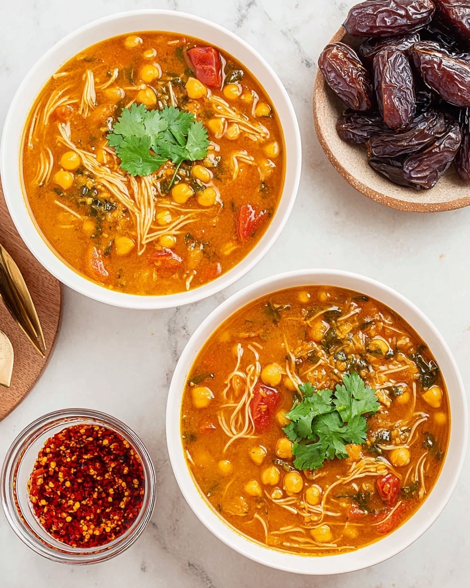 Two white bowls are filled with thick orange-brown soup containing small chickpeas, thin light beige noodles, pieces of tomato, and green herbs, each bowl topped with a small bunch of fresh green cilantro leaves. Above and to the right are a small clear glass bowl filled with bright red chili paste, showing texture with visible chili seeds, and a white bowl holding several dark brown dates with wrinkled texture. The bowls are set on a white marbled surface with some spots and patterns in darker shades. photo taken with an iphone --ar 4:5 --v 7