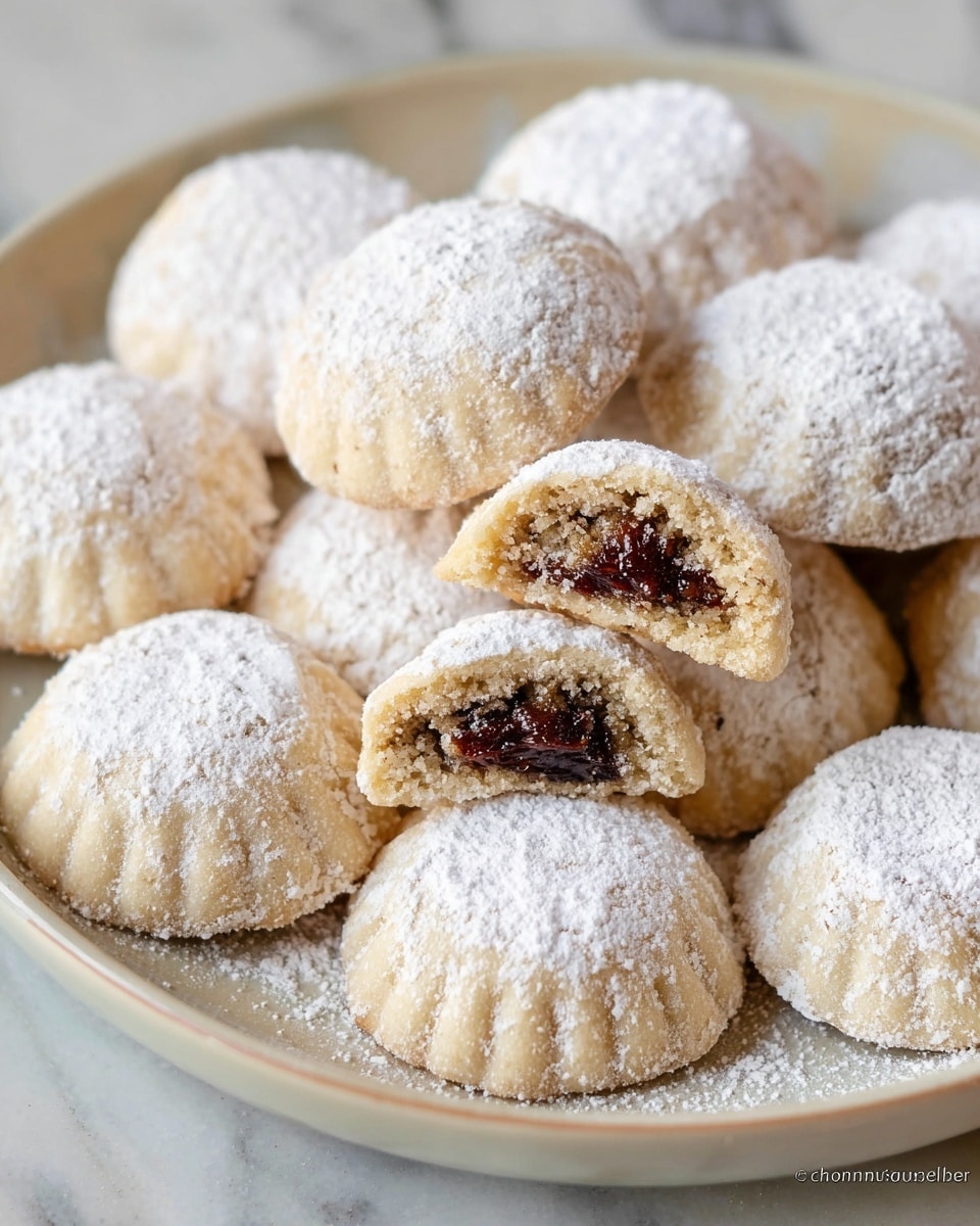 A beige plate filled with round, dome-shaped shortbread cookies dusted with white powdered sugar, each cookie having a crimped edge and a soft, crumbly texture; two cookies are broken open near the top right, showing a dense, dark brown date filling inside; in the blurry white marbled background, two glasses of amber-colored tea sit on small white saucers, and a clear bowl filled with dark dates is visible on the right side; the overall scene is bright with soft natural light. Photo taken with an iphone --ar 4:5 --v 7