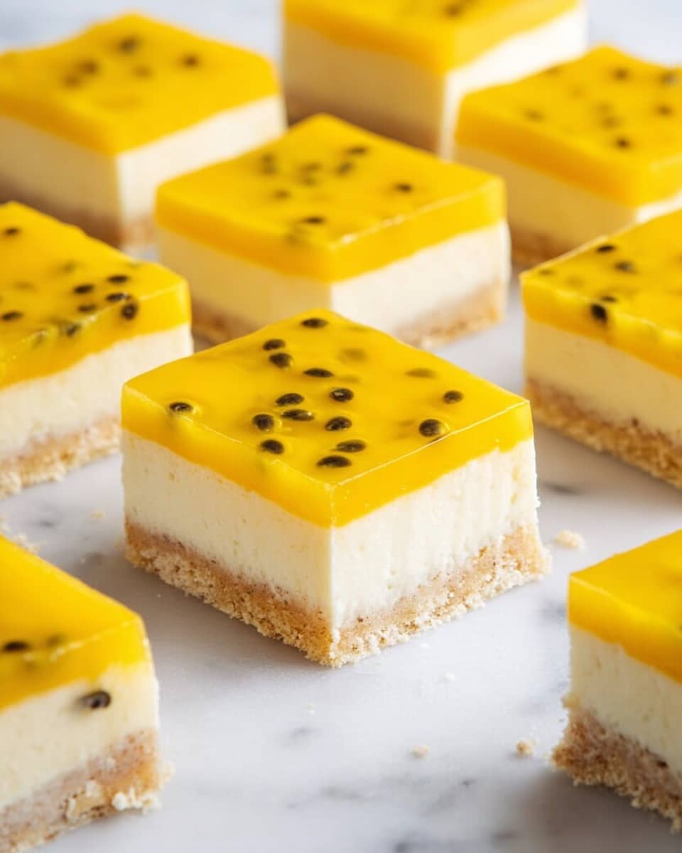 The image shows several square slices of a layered dessert arranged on a white marbled surface. Each piece has three distinct layers: the bottom layer is a light beige, crumbly crust; the middle layer is a creamy, smooth off-white filling; and the top layer is a bright yellow jelly with small black seeds scattered throughout, which gives it a shiny, translucent look. One piece is slightly lifted and tilted to reveal the thickness and texture of each layer clearly. The overall presentation is neat, with the yellow jelly catching the light to highlight its glossy surface. photo taken with an iphone --ar 4:5 --v 7