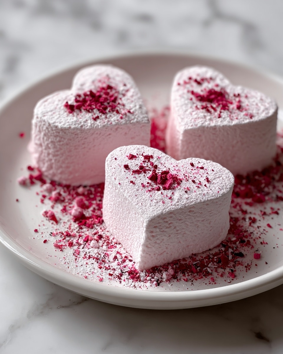 The image shows three fluffy heart-shaped marshmallows with a soft pink color on a white plate. Each marshmallow has a powdery texture and is topped with a sprinkle of bright red crushed pieces, which also surround the base in a light dusting that mixes with white powder on the plate. The background is a white marbled texture that adds an elegant touch to the presentation. photo taken with an iphone --ar 4:5 --v 7