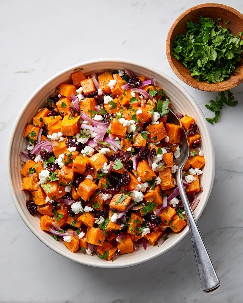 The image shows a white bowl filled with a colorful roasted sweet potato salad. The dish has bright orange cubes of roasted sweet potatoes mixed with thin slices of light purple onions and scattered dark red dried cranberries. White crumbled cheese and fresh green parsley leaves are sprinkled evenly on top, adding contrast and freshness. A silver spoon rests inside the bowl on the right side. Next to the bowl, on a white marbled surface, is a small wooden bowl filled with more fresh green parsley leaves. The whole setup is bright and clean, highlighting the vibrant colors and textures of the salad. photo taken with an iphone --ar 4:5 --v 7