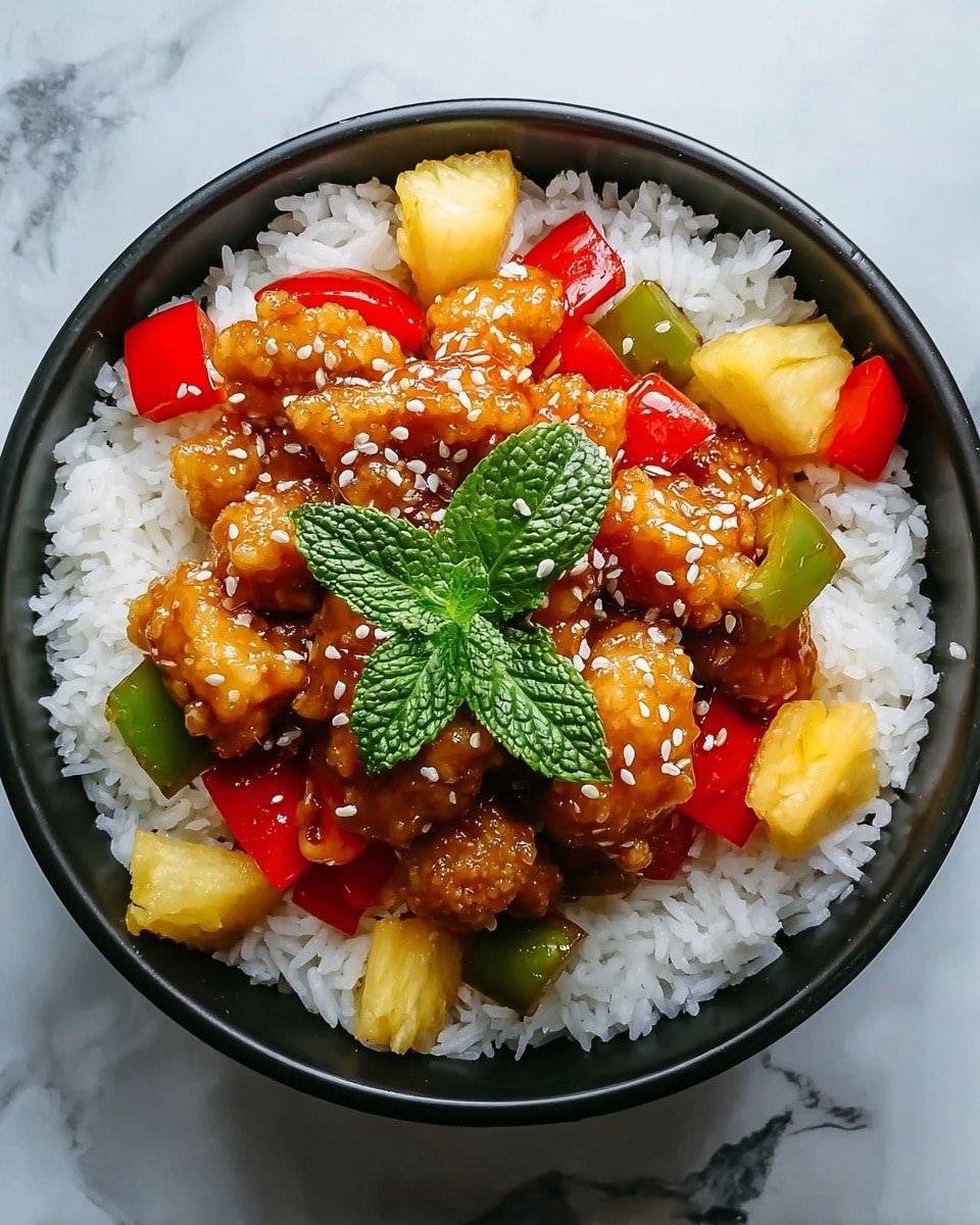 A bowl with three clear layers: the bottom layer is white fluffy rice filling almost the whole bowl, the middle layer is pieces of golden-brown chicken coated in a sticky sweet sauce, sprinkled with white sesame seeds, placed at the center, and the top layer is a mix of red and green bell pepper chunks and yellow pineapple pieces arranged around the chicken. A fresh green mint leaf garnish sits on top of the chicken. The bowl is black and placed on a white marbled surface. photo taken with an iphone --ar 4:5 --v 7