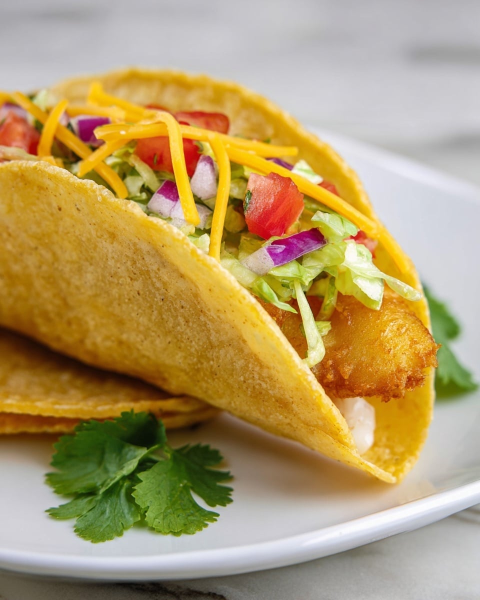 A close-up view of a taco made with a light golden-yellow crispy tortilla shell, slightly curved to hold the filling. Inside this shell, the bottom layer is a golden-brown fried fish piece, topped with bright green shredded lettuce, small red diced tomatoes, tiny bits of purple onion, and sprinkled with thin strands of yellow cheddar cheese. The taco is placed on a white plate with a few fresh green cilantro leaves beside it, all set on a white marbled texture surface. The photo taken with an iphone --ar 4:5 --v 7