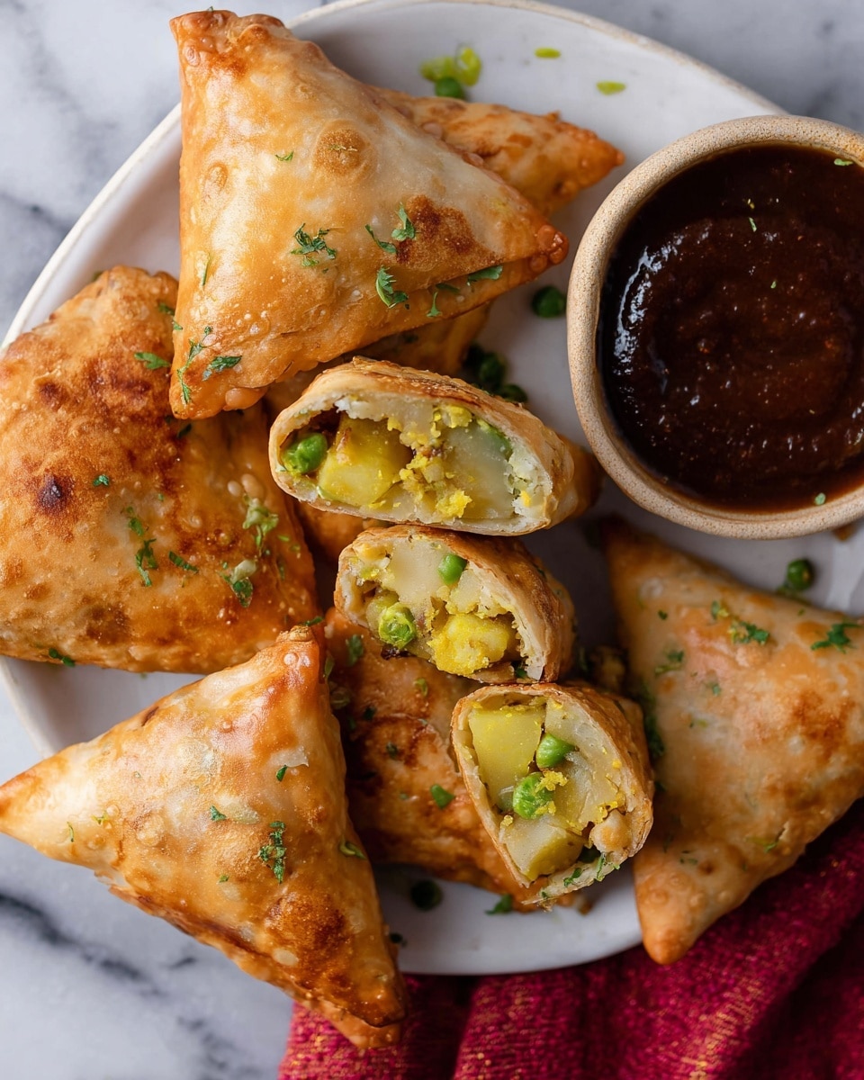 The image shows a white plate with five golden-brown triangular samosas arranged closely. Two samosas are cut open revealing a yellowish filling with visible green peas and potato pieces. The samosas have a crispy, slightly oily texture with small green herb pieces sprinkled on top. A small beige bowl filled with thick dark brown sauce sits on the plate near the samosas. The plate is on a white marbled texture surface with a red cloth partially visible underneath. photo taken with an iphone --ar 4:5 --v 7