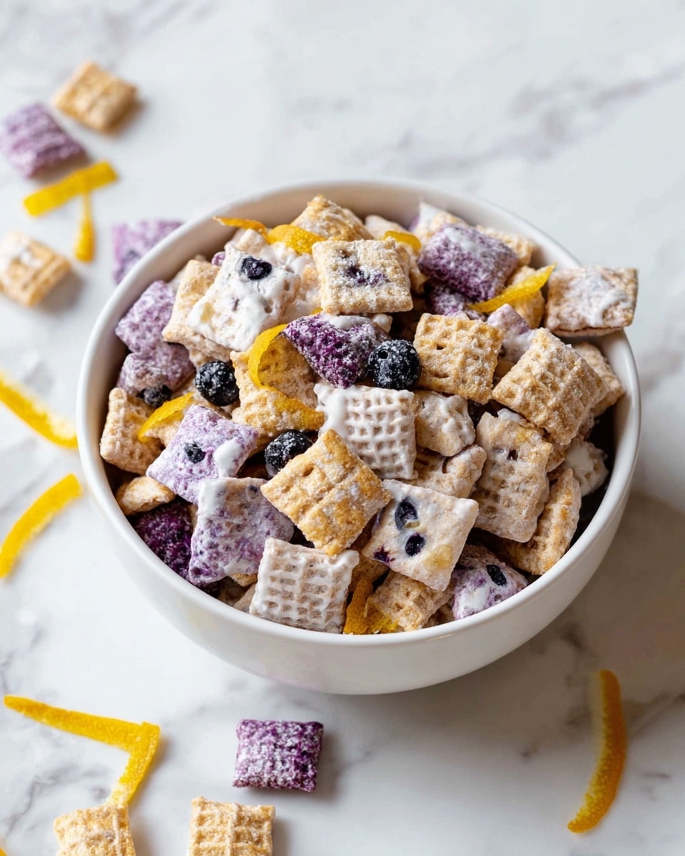 A white bowl filled with a mix of square cereal pieces; there are three types of pieces layered evenly throughout: creamy beige squares with a waffle texture, purple and white squares dusted with powdered sugar and some having a dark blueberry spot on top, and a few pieces are covered in a light creamy drizzle. Small thin yellow lemon peel strips are scattered over the cereal inside the bowl and a few pieces have fallen onto the white marbled surface around the bowl with similar lemon peel strips near them. photo taken with an iphone --ar 4:5 --v 7