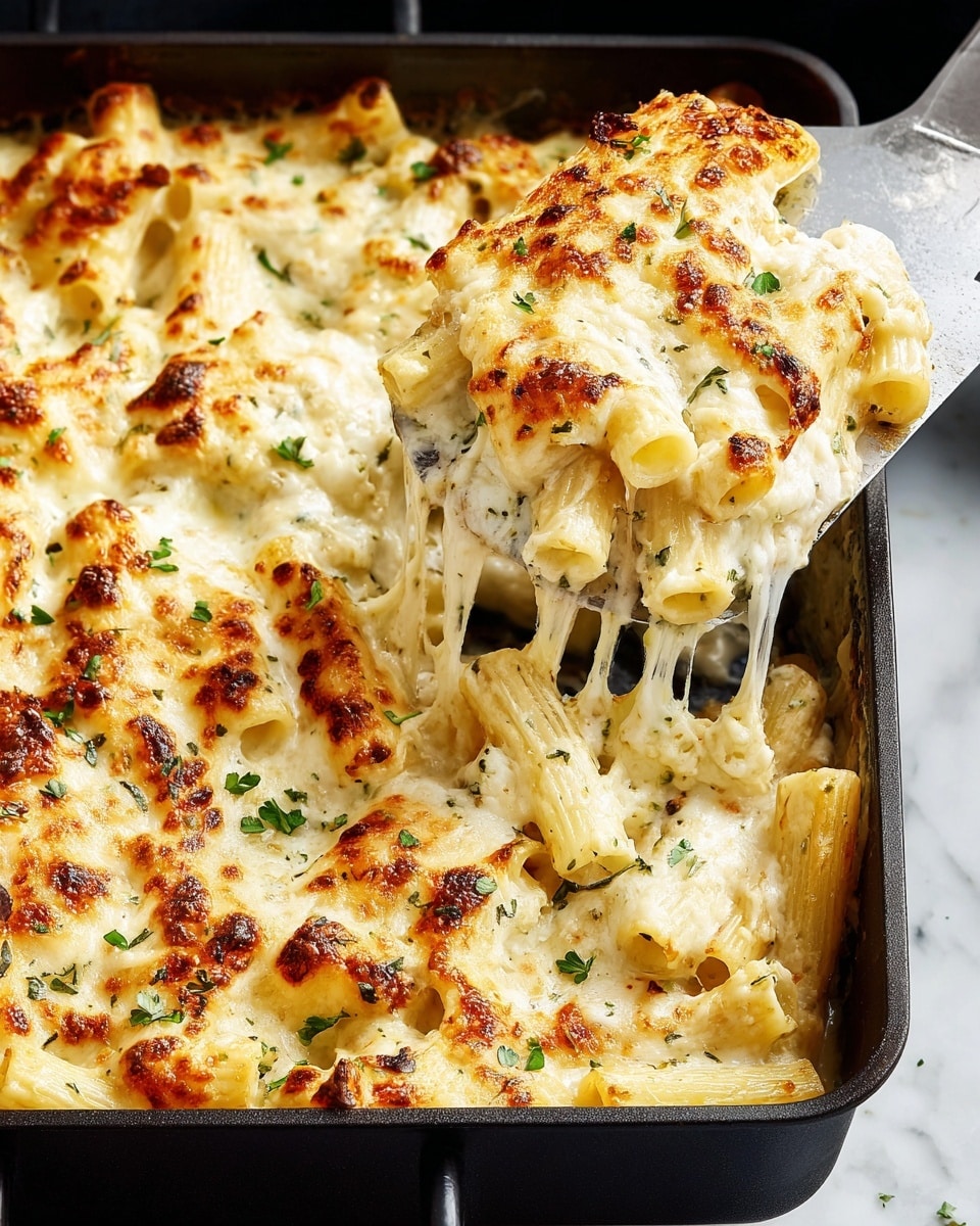 A close-up of a baked pasta dish in a black baking pan with a single slice being lifted by a silver spatula, showing melted, stretchy white cheese pulling from the pan. The dish has one visible main layer of rigatoni pasta covered in a creamy white cheese sauce that is browned slightly on top in golden spots. Fresh small green herb pieces are sprinkled over the top, adding a touch of color. The background is a white marbled texture. photo taken with an iphone --ar 4:5 --v 7