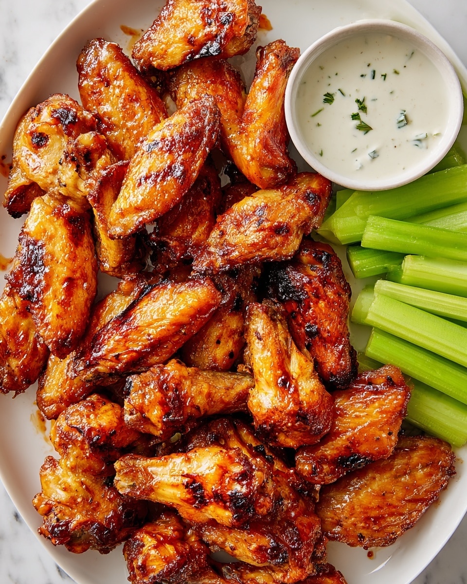 A white plate filled with many crispy golden-brown chicken wings that have a shiny, glazed texture with some darker grilled spots. Around the wings, there are several bright green celery sticks placed neatly, adding a fresh contrast. At the top right corner of the plate, a small round white bowl contains creamy ranch dipping sauce with small herb flakes. The plate sits on a white marbled surface. photo taken with an iphone --ar 4:5 --v 7