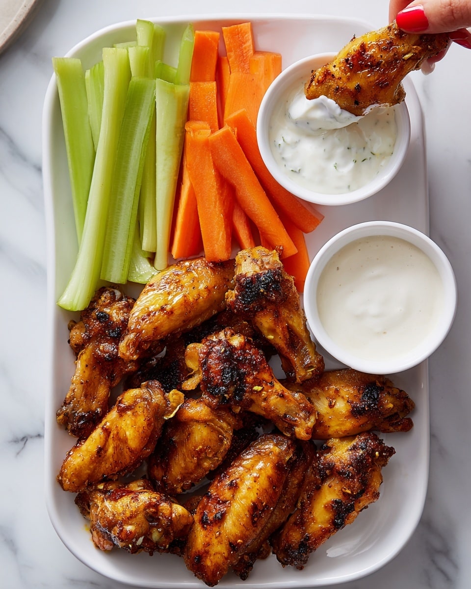 A white rectangular plate is filled with two main groups: on the left, there are fresh carrot and celery sticks, bright orange and green in color, placed vertically and arranged neatly; on the right and center, there is a pile of golden-brown grilled chicken wings with charred spots showing a crispy texture; there are two small white sauce cups, one near the celery and carrot sticks and another near the bottom right corner of the plate, both filled with a creamy white dipping sauce; a woman's hand with red nail polish holds one chicken wing dipped in thick white sauce, positioned above the plate, with a white marbled surface underneath the plate photo taken with an iphone --ar 4:5 --v 7