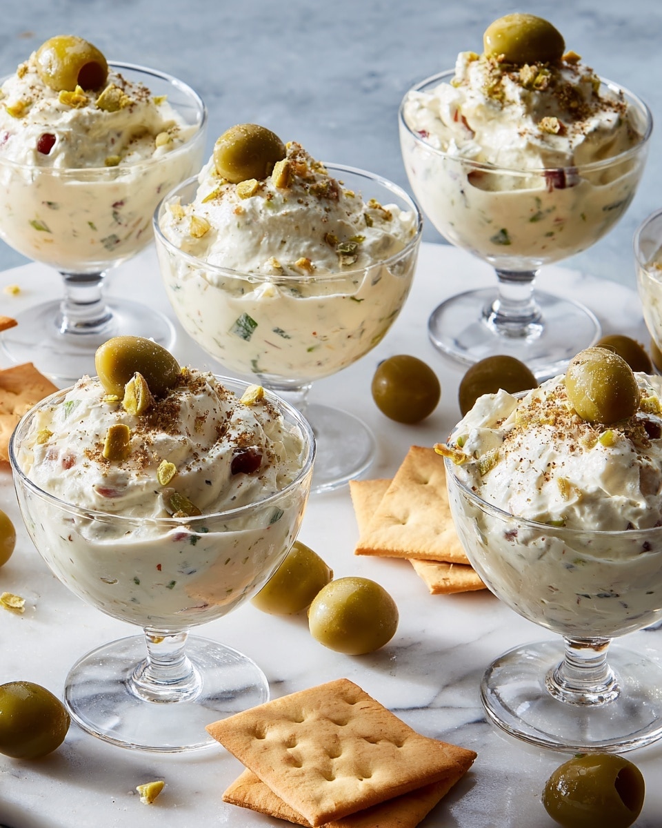 Six clear glass dessert cups are filled with a creamy white dip that has a thick, chunky texture with small bits of green and red ingredients mixed inside. Each cup has a dollop of the dip mounded on top, garnished with small green olive pieces and a sprinkle of brownish dried herbs. The cups are set on a white marbled surface, surrounded by scattered whole green olives and a few plain salt-topped round and rectangular crackers. The light shines softly on the scene, highlighting the smooth, whipped texture of the dip. photo taken with an iphone --ar 4:5 --v 7