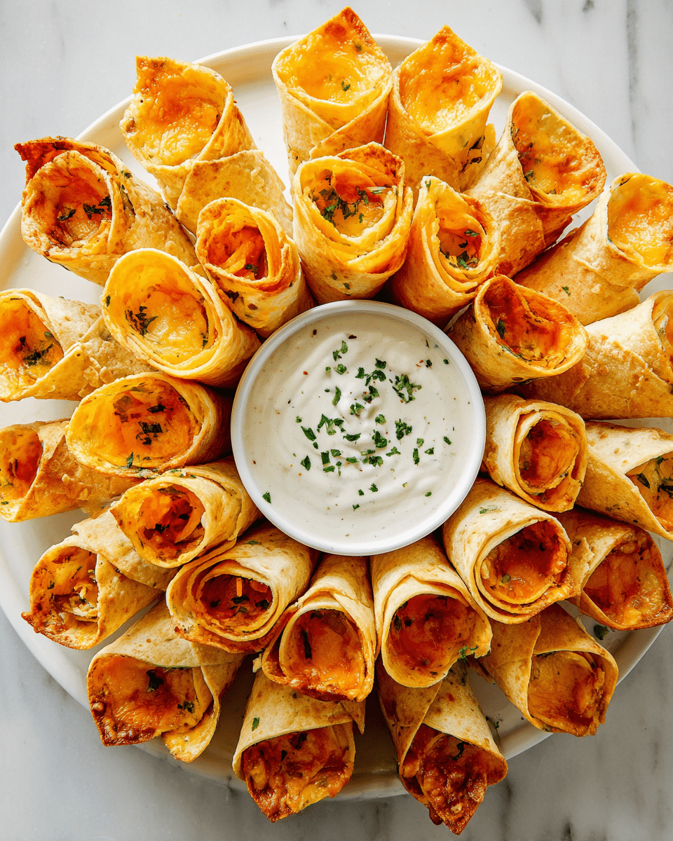 A white round plate on a white marbled surface holds a ring of about twelve rolled, golden-brown taco shells filled with melted orange cheddar cheese, some parts crispy and browned, arranged upright in a circle. In the center, a small white bowl contains a creamy white sauce speckled with chopped green herbs. The taco shells show layers of thin, soft, light yellow tortillas tightly wrapped around the cheese filling, with some cheese slightly melted and oozing from the edges. Photo taken with an iphone --ar 4:5 --v 7