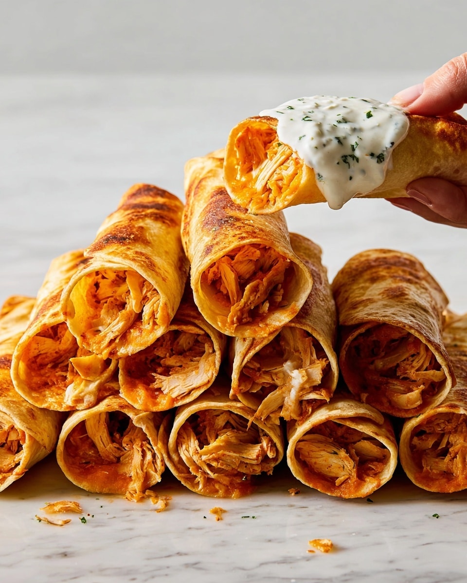 The image shows many rolled-up tortilla pieces standing upright in two rows, filled with melted orange cheese and shredded chicken that peek through the edges, with a crispy, golden-brown texture on the outside of the tortillas. A woman's hand is dipping one tortilla roll into a small white bowl of creamy white sauce with green herb specks. The background is a clean white marbled texture. photo taken with an iphone --ar 4:5 --v 7
