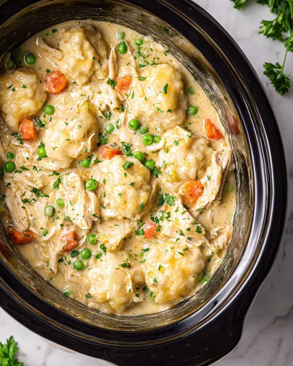 A close-up view of a slow cooker filled with a creamy chicken and dumplings dish featuring two main layers: the top layer has golden-brown soft dumplings with a slightly wrinkled texture, scattered with bright green peas and small orange carrot pieces, all coated in a thick light beige creamy sauce; beneath, shredded light brown chicken pieces blend with tender vegetables and herbs, while chopped green parsley is sprinkled on top adding a fresh pop of color. The slow cooker has a glossy black rim, sitting on a white marbled surface with some parsley leaves seen faintly around. photo taken with an iphone --ar 4:5 --v 7
