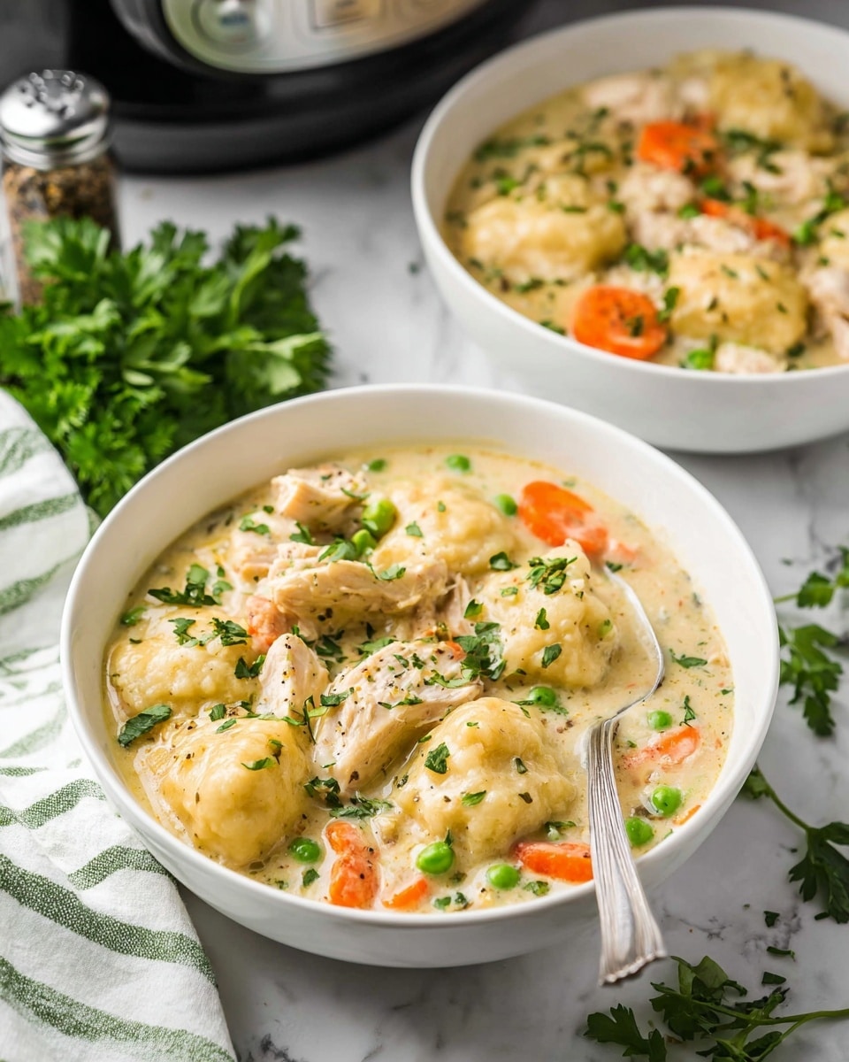 A white bowl filled with creamy chicken and dumplings soup sits on a white marbled surface. The soup has chunks of light brown cooked chicken, soft golden dumplings, bright orange carrot slices, and green peas mixed in a thick off-white broth. Fresh green herbs are sprinkled on top. A silver spoon is partially immersed in the front bowl, with another identical white bowl of soup positioned slightly behind. To the side, there are fresh green parsley leaves and a pepper shaker, while a black slow cooker and a white cloth with green stripes complete the background. photo taken with an iphone --ar 4:5 --v 7