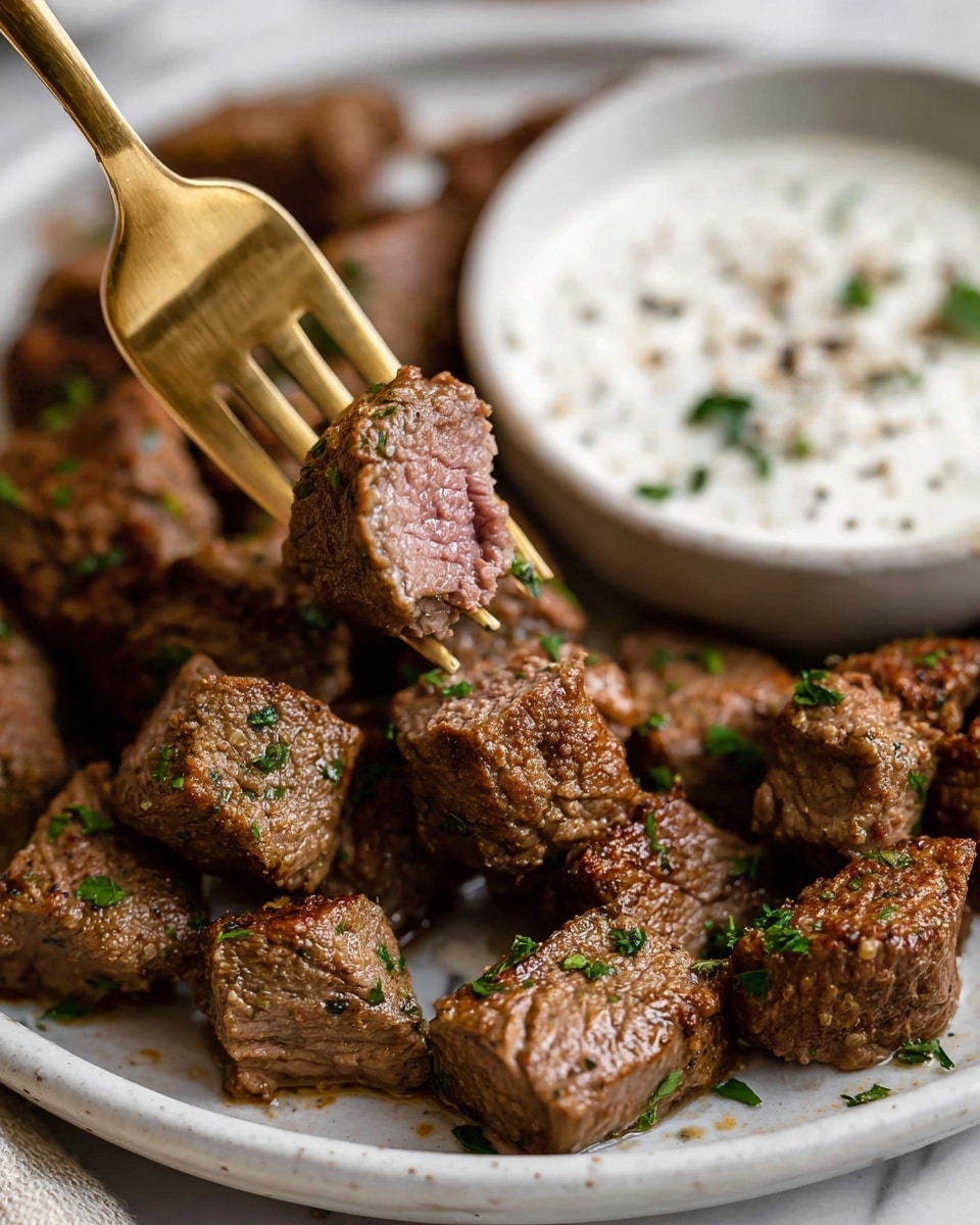 A white plate filled with small, browned cubes of cooked beef sprinkled with finely chopped green herbs, showing a tender pink inside of one piece lifted by a gold fork; next to the beef is a white bowl with a light creamy sauce topped with small green herb bits and ground black pepper, all set on a white marbled surface. photo taken with an iphone --ar 4:5 --v 7