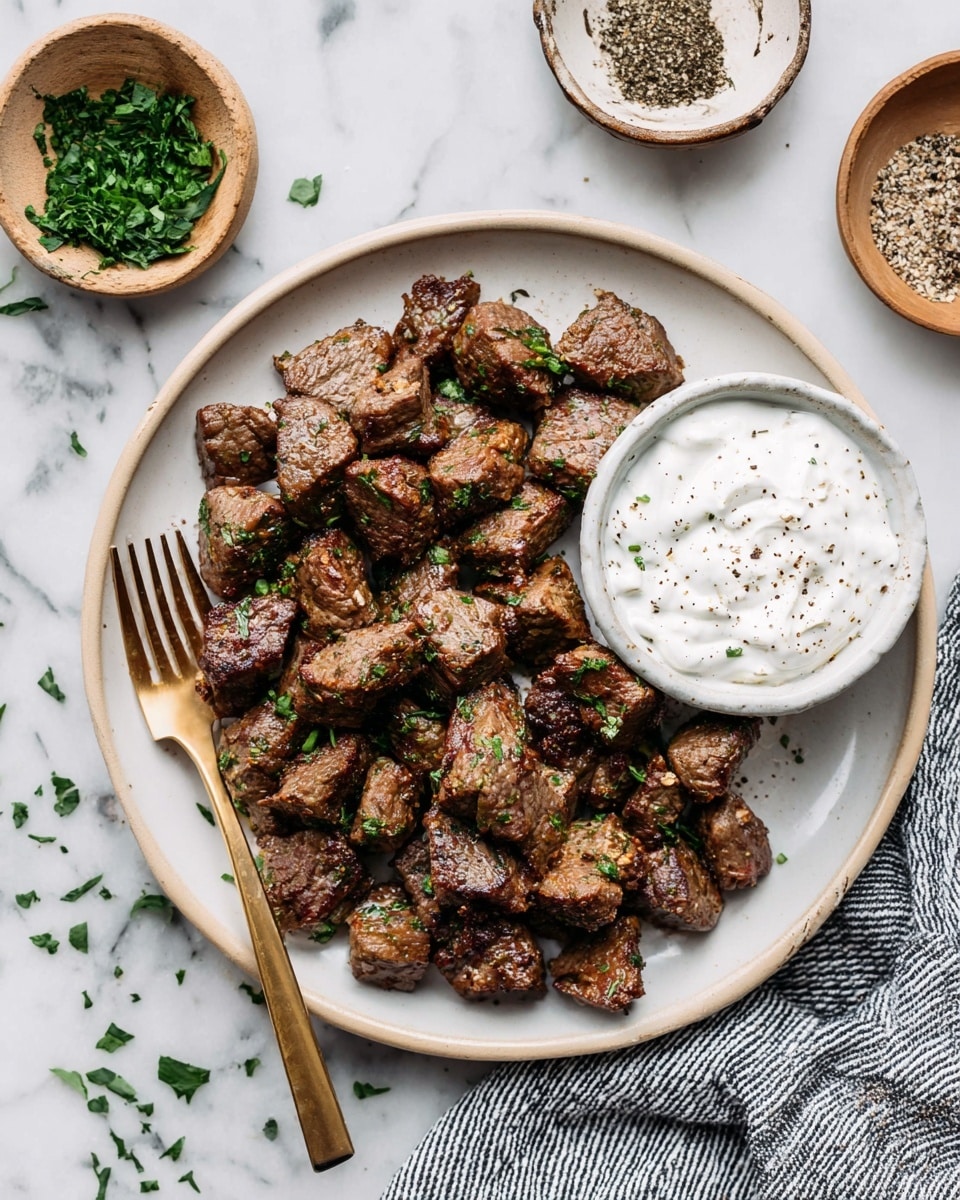 A round white plate sits on a white marbled surface, filled mostly with bite-sized pieces of browned, cooked meat sprinkled lightly with chopped green herbs. On the right side of the plate, there is a small white bowl filled with a creamy white sauce topped with cracked black pepper and herbs. A gold-colored fork rests diagonally on the left edge of the plate. Around the plate, there are small bowls, one containing finely chopped green herbs and another with coarse black pepper, and a gray and white striped cloth is seen at the bottom right corner. Photo taken with an iphone --ar 4:5 --v 7