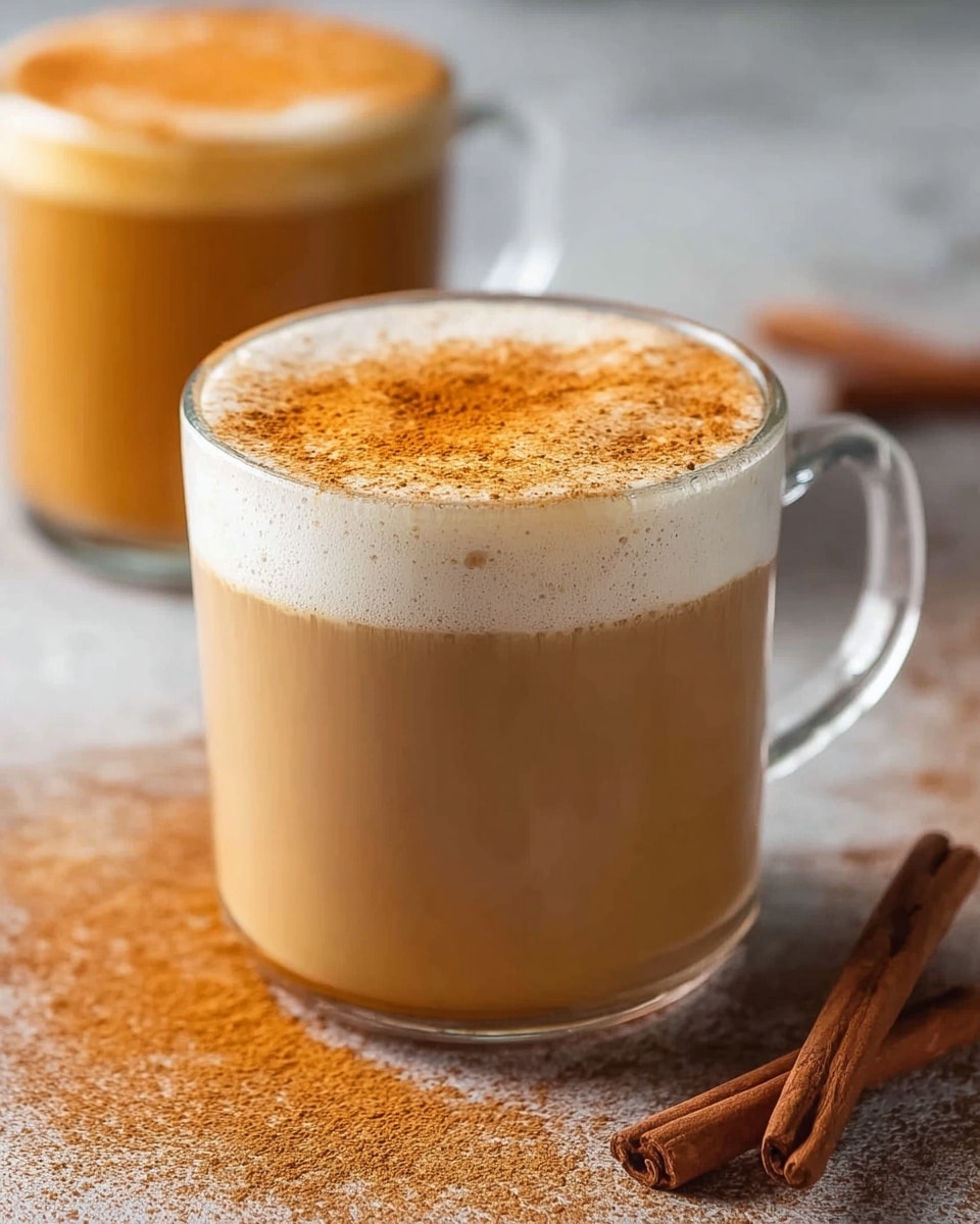 A clear glass mug filled with a creamy light brown coffee latte, showing two visible layers: a smooth, thick base layer of light brown coffee and a fluffy white foam layer on top sprinkled evenly with fine cinnamon powder in a warm orange-brown color. The mug is placed on a textured surface dusted with cinnamon powder and has two cinnamon sticks lying nearby on the right side. In the blurred background, there is a second glass mug filled with the same drink, also topped with cinnamon powder. The scene is set on a white marbled texture surface. Photo taken with an iphone --ar 4:5 --v 7