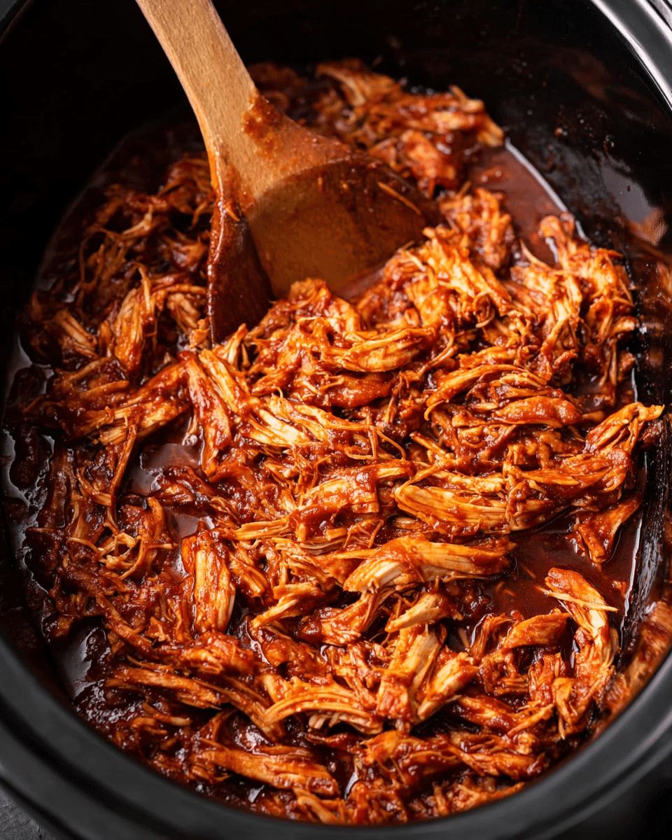 The image shows a close-up view of shredded barbecue chicken inside a black slow cooker. The chicken is coated with a rich, glossy, dark reddish-brown sauce that gives it a moist and flavorful look. The texture of the chicken is stringy and tender, with some larger chunks mixed with thin shreds. A wooden spoon is partially submerged on the left side, stirring or scooping the chicken. The inside of the slow cooker is shiny black, creating a strong contrast with the vibrant color of the saucy chicken. The photo is taken from above, focusing closely on the food. photo taken with an iphone --ar 4:5 --v 7