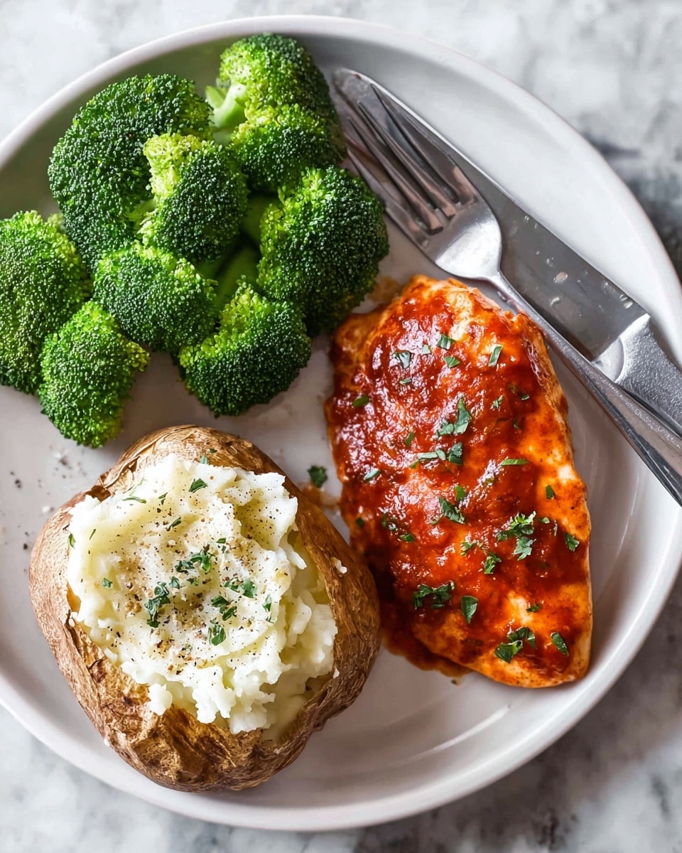 On a white plate, there is a three-part meal arranged neatly on a white marbled texture background. On the left side, a group of bright green broccoli florets create a textured cluster with a fresh, slightly rough surface. Next to the broccoli, positioned at the center bottom, a baked potato with golden-brown, slightly cracked skin is opened to reveal fluffy, white mashed potato inside, topped with a light sprinkle of chopped green herbs and black pepper. At the top right of the plate, a piece of chicken breast is covered with a thick, reddish-brown sauce that appears smooth with some chunky spices, garnished lightly with green herbs. A silver knife and fork rest on the right edge of the plate, with the fork tip beneath the chicken. Photo taken with an iphone --ar 4:5 --v 7