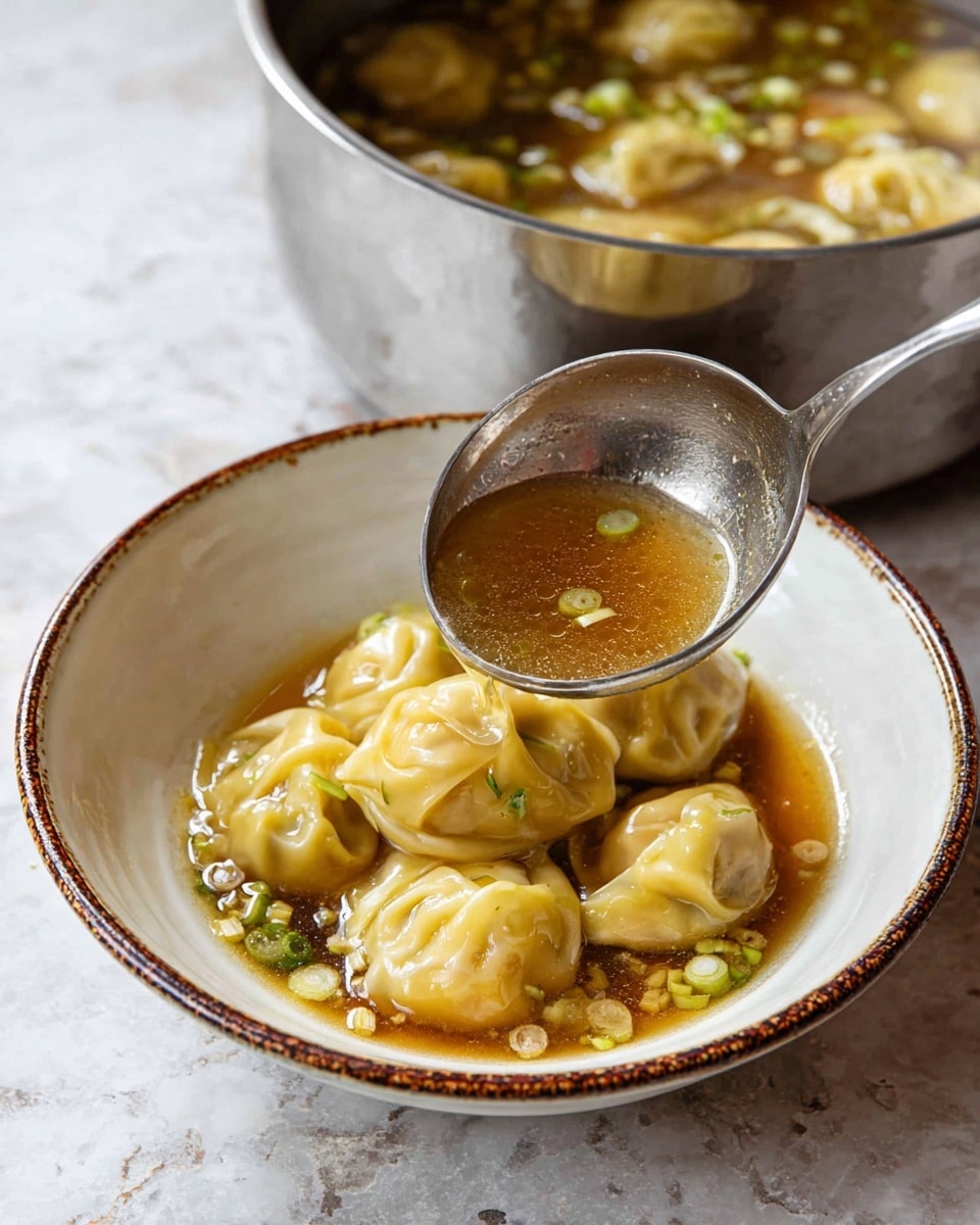 A white bowl with a brown speckled rim holds six plump dumplings with a smooth, pale yellow skin, some folded and some pinched at the top, sitting in a shallow pool of clear brown broth with visible green and white onion pieces. Above the bowl, a metal ladle filled with the same broth and containing diced onions is being poured into the bowl. In the background, a silver pot is filled with more dumplings and broth, placed on a white marbled surface. photo taken with an iphone --ar 4:5 --v 7