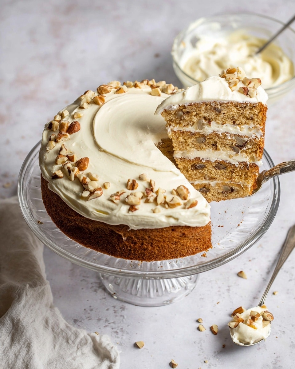 A two-layer round cake with a golden-brown color and visible nuts inside each layer sits on a clear glass cake stand placed on a white marbled surface. The top layer is covered with a thick spread of creamy white frosting that has a smooth, slightly swirled texture, sprinkled with broken pieces of light brown nuts. A single slice is cut and partially pulled out from the cake, revealing the inside layers with white frosting between them. In the background to the right, a small white bowl holds more creamy frosting with a spoon inside. Photo taken with an iphone --ar 4:5 --v 7