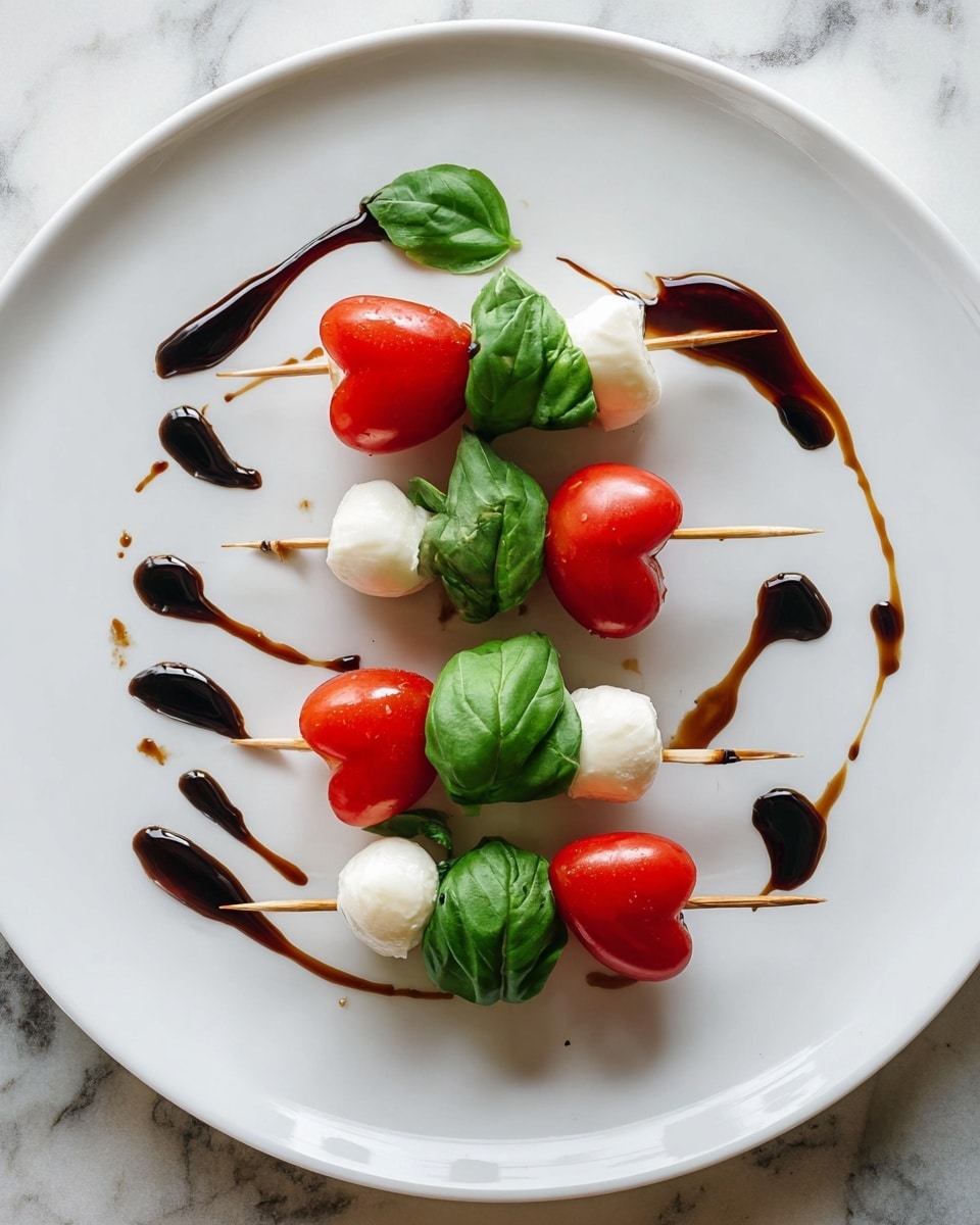 The image shows a white plate with four skewers arranged slightly diagonal from top left to bottom right. Each skewer has three layers: a green basil leaf with smooth texture on one end, a round white mozzarella ball with a soft texture in the middle, and a bright red heart-shaped tomato with a shiny surface at the center. The skewers are drizzled with dark balsamic glaze that creates thin lines and drops on the plate around the skewers. The plate rests on a white marbled textured surface. photo taken with an iphone --ar 4:5 --v 7