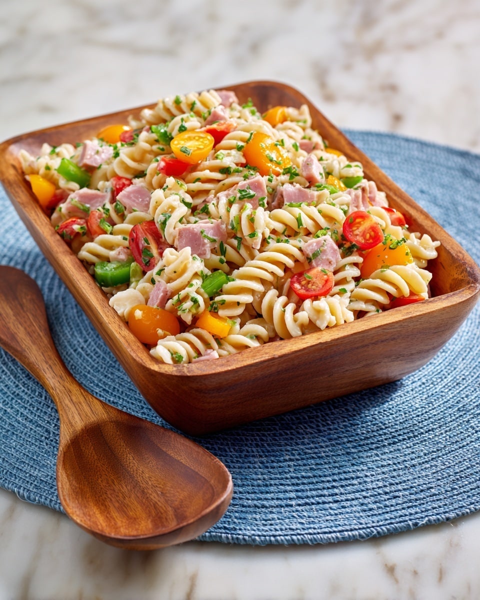 A wooden rectangular dish filled with cooked spiral pasta mixed with thin slices of ham or deli meat, chopped green herbs sprinkled on top, and small pieces of red and green bell peppers scattered throughout. The pasta and toppings create a colorful, textured mix with the light yellow pasta base and the bright reds, greens, and pinks layered evenly. The dish sits on a blue woven mat with a wooden spoon beside it. The background is a white marbled surface. photo taken with an iphone --ar 4:5 --v 7
