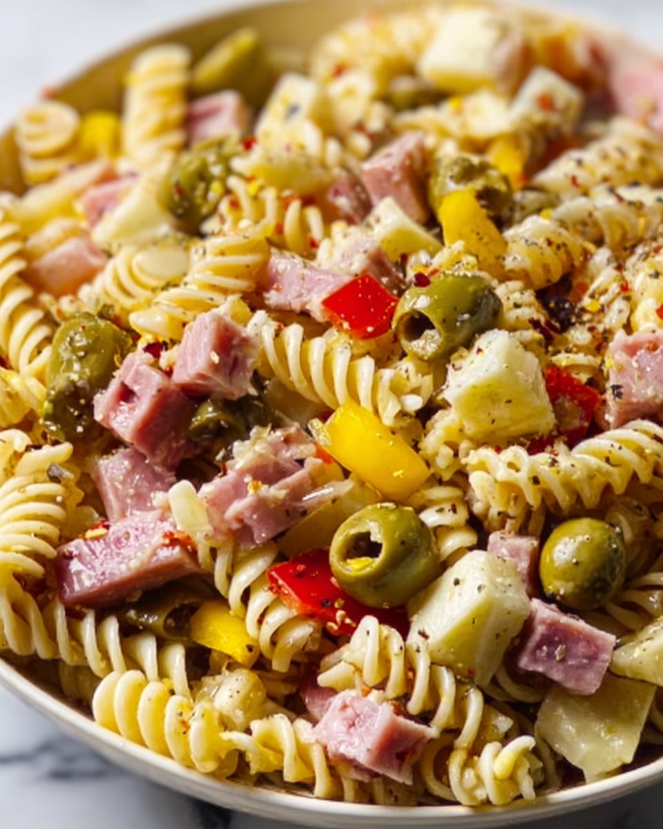 This image shows a close-up of a pasta salad with several layers of ingredients mixed together evenly. The base layer is then spiral-shaped rotini pasta in a light yellow color. Scattered throughout are small pink cubes of ham adding a meaty texture. Mixed in are whole green olives and thicker slices of banana pepper rings giving pops of green and yellow. White chunks of cheese and small cauliflower pieces add contrast in color and texture. There are small bits of red pepper visible, adding bright accents. The salad is lightly seasoned with pepper flakes that are sprinkled on top. The photo is taken against a white marbled surface. Photo taken with an iphone --ar 4:5 --v 7