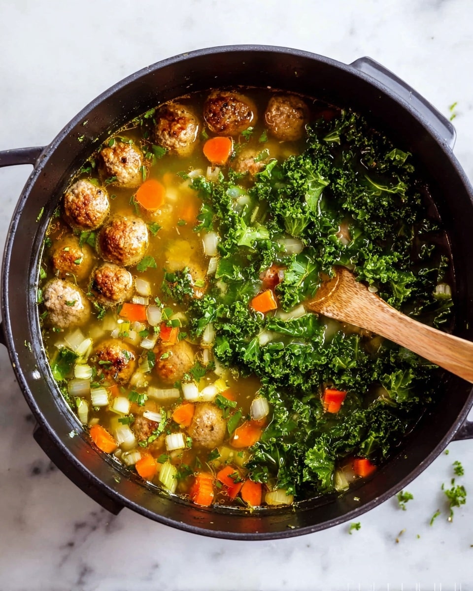 A black pot filled with a hearty soup showing several layers: the top layer features small browned meatballs scattered on the left, fresh dark green kale leaves spread on the right, and diced bright orange carrots, white onions, and light green celery pieces mixed in the middle; underneath these, the soup broth is clear with floating bits of herbs and small round pasta pearls. A wooden spoon rests on the right side, partially submerged, stirring the ingredients gently. The pot is placed on a white marbled texture surface, with some kale leaves scattered around in the background. Photo taken with an iphone --ar 4:5 --v 7