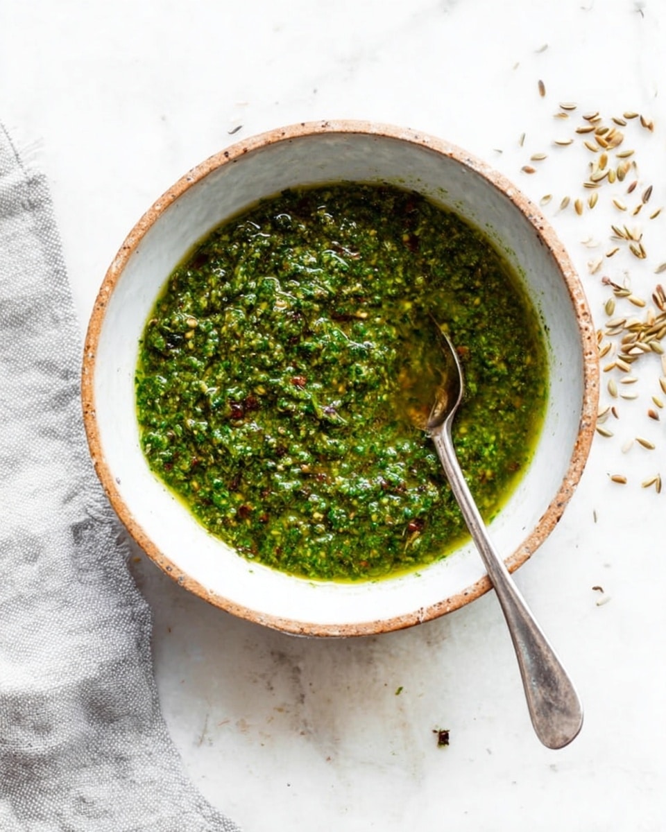 A close-up view of a blue and white patterned bowl filled with a thick, green sauce that has a slightly chunky texture with visible small bits and drops of oil on the surface. The green sauce looks fresh and bright with some tiny red flakes mixed in. A metal spoon is partially immersed on the right side of the bowl. The bowl is placed against a background with blurred green plants and a soft white marbled texture surface. photo taken with an iphone --ar 4:5 --v 7