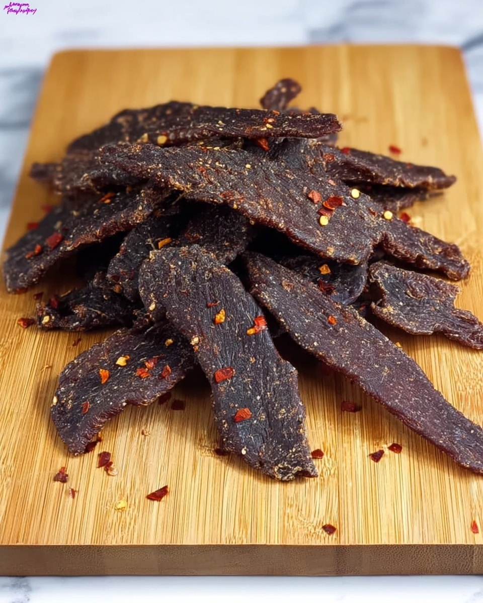 A pile of dark brown beef jerky strips lies on a wooden board, each strip unevenly shaped and dry with a rough texture. Small pieces of red chili flakes are scattered on the jerky, adding tiny pops of red color against the dark surface. The jerky looks chewy with slightly wrinkled edges, arranged in a loose heap that shows different thicknesses. The wooden board has a light natural grain and light marks from use. The whole scene is set on a white marbled texture. photo taken with an iphone --ar 4:5 --v 7