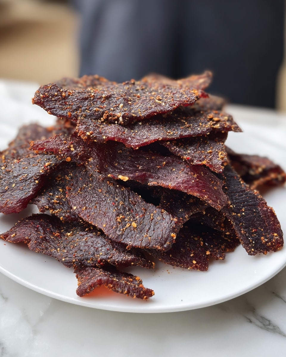 A white plate holds a pile of dark brown, almost black, pieces of beef jerky arranged in several layers, each piece showing rough, textured surfaces with visible seasoning of small spices scattered across. The jerky pieces have uneven edges and varying thickness, with some parts slightly curled and others flat. The color ranges from deep reddish-brown to dark charred spots, giving a rustic photo of the dried meat. The plate sits on a white marbled surface. photo taken with an iphone --ar 4:5 --v 7