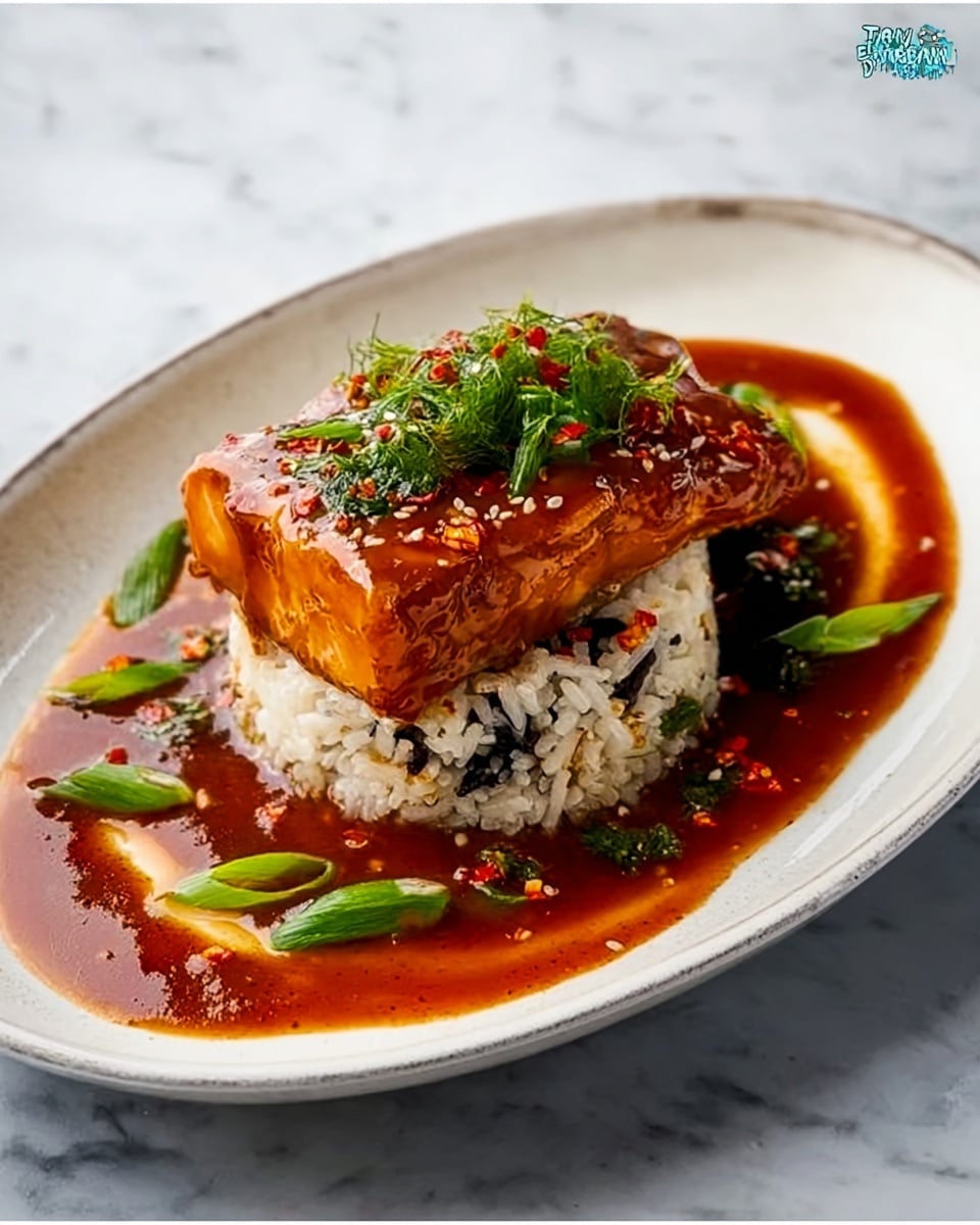 A white oval plate holds a beautifully arranged dish with three main layers. The bottom layer is a mound of white rice mixed with some dark green and black bits, centered on the plate. On top of the rice sits a glossy, orangish-brown glazed rectangular piece of fish with a slightly shiny texture. Surrounding the rice and fish are two thick, curved swipes of reddish-brown sauce with visible small herbs and chili flakes sprinkled on top, some of which are also scattered on the rice. Fresh, bright green green onion slices are sprinkled around the dish, adding a fresh pop of color. The plate is placed on a white marbled surface. photo taken with an iphone --ar 4:5 --v 7