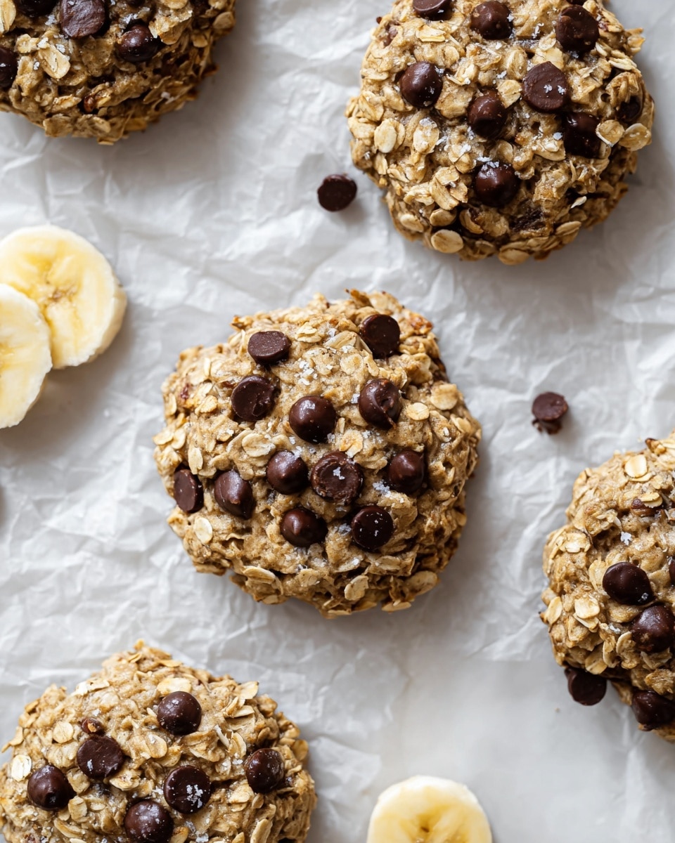 The image shows several round oatmeal cookies with chocolate chips scattered throughout, each cookie having a rough texture from the oats and small dark brown chocolate chips on the surface. The cookies have a golden-brown color with visible oats and some small salt flakes on top, giving a slightly shiny appearance. Next to the cookies, there is one banana slice with a pale yellow color and a soft texture. Everything is placed on crumpled white parchment paper, which rests on a white marbled surface. photo taken with an iphone --ar 4:5 --v 7