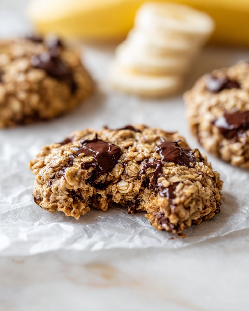 A close-up of a thick oatmeal cookie with chocolate chips, showing a bite taken out to reveal a soft, dense inside with melted chocolate. The cookie texture is rough and grainy with visible oats and dark brown chocolate pieces scattered throughout. Behind it, there is a small stack of sliced bananas and two more similar cookies out of focus, all placed on a white marbled surface covered partly by crinkled white parchment paper. photo taken with an iphone --ar 4:5 --v 7