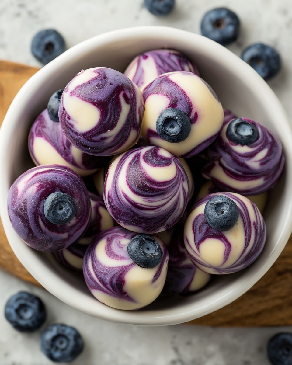 A white bowl filled with small round swirled treats that have two main colors: creamy white and deep purple, with the purple swirling around the white in a marble pattern. Each piece is smooth and shiny, with a single blueberry on top, adding a darker blue spot. The bowl sits on a white marbled surface with a few blueberries scattered around. The texture of the treats looks creamy and firm. photo taken with an iphone --ar 4:5 --v 7