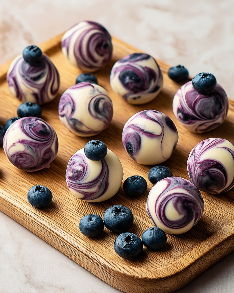 The image shows eleven round truffles with white and purple swirled patterns, arranged on a wooden board. Each truffle has a smooth surface with a mix of cream and dark purple swirls creating a marbled effect. Around the truffles, there are fresh blueberries scattered, with one blueberry topping one of the truffles near the front. The wooden board sits on a white marbled surface. The overall look is neat, colorful, and inviting, with a focus on the contrast between the creamy swirls and the dark blueberries. photo taken with an iphone --ar 4:5 --v 7
