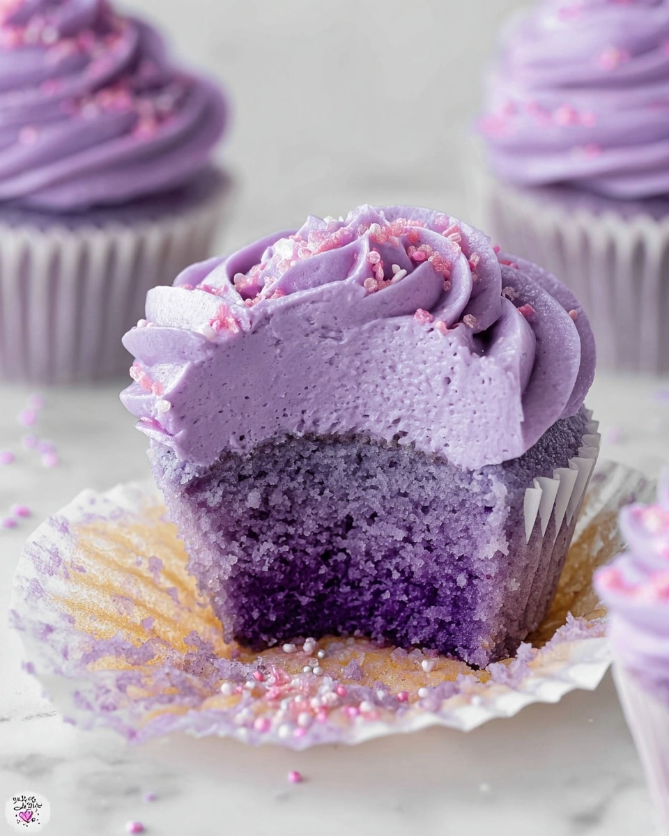 A close-up view of a purple cupcake with two layers: the bottom layer is a soft, moist purple cake, and the top layer is a thick swirl of light purple frosting with textured ridges and small pink sugar crystals sprinkled on top. The cupcake is partly eaten, showing the fluffy inside of the cake. It sits in a white cupcake paper liner that is slightly opened, revealing crumbs and a few scattered sugar crystals around it. In the blurry background, there are other similar purple-frosted cupcakes resting on a white marbled surface. photo taken with an iphone --ar 4:5 --v 7
