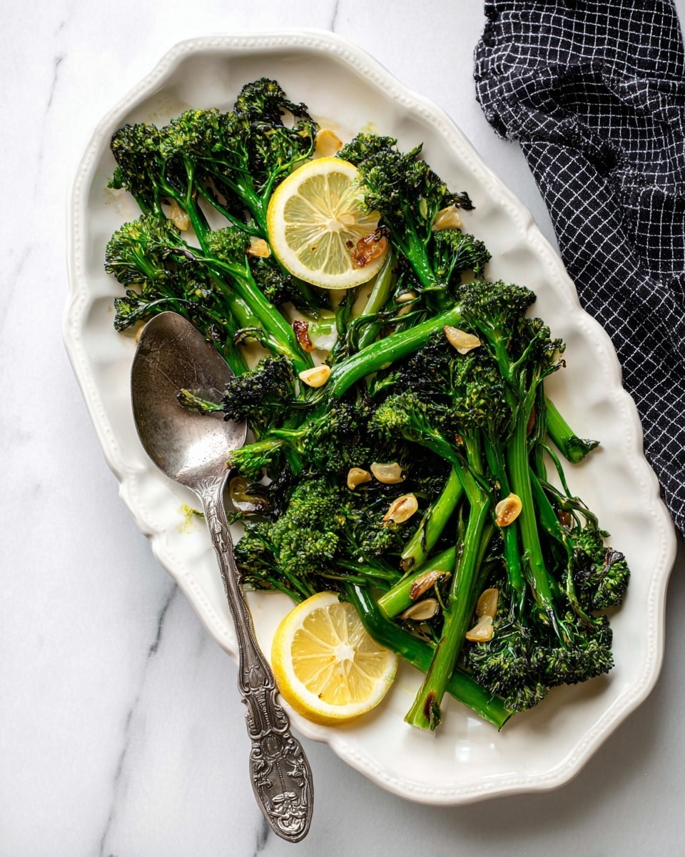 A white scalloped oval plate holds a light dish of cooked broccolini, arranged loosely with dark green stems and florets showing slight charring and texture. Scattered thin slices of toasted garlic are spread on top, adding a pale cream color with a slightly oily shine. Two thin lemon slices, showing their translucent pale yellow and white inner segments, rest on the broccolini, positioned near the top and bottom center of the plate. An antique-style dull silver spoon with ornate detailing is placed on the left side of the plate, resting on the vegetables. The plate sits on a white marbled surface, near a loosely folded black and white checkered cloth on the top right side. photo taken with an iphone --ar 4:5 --v 7