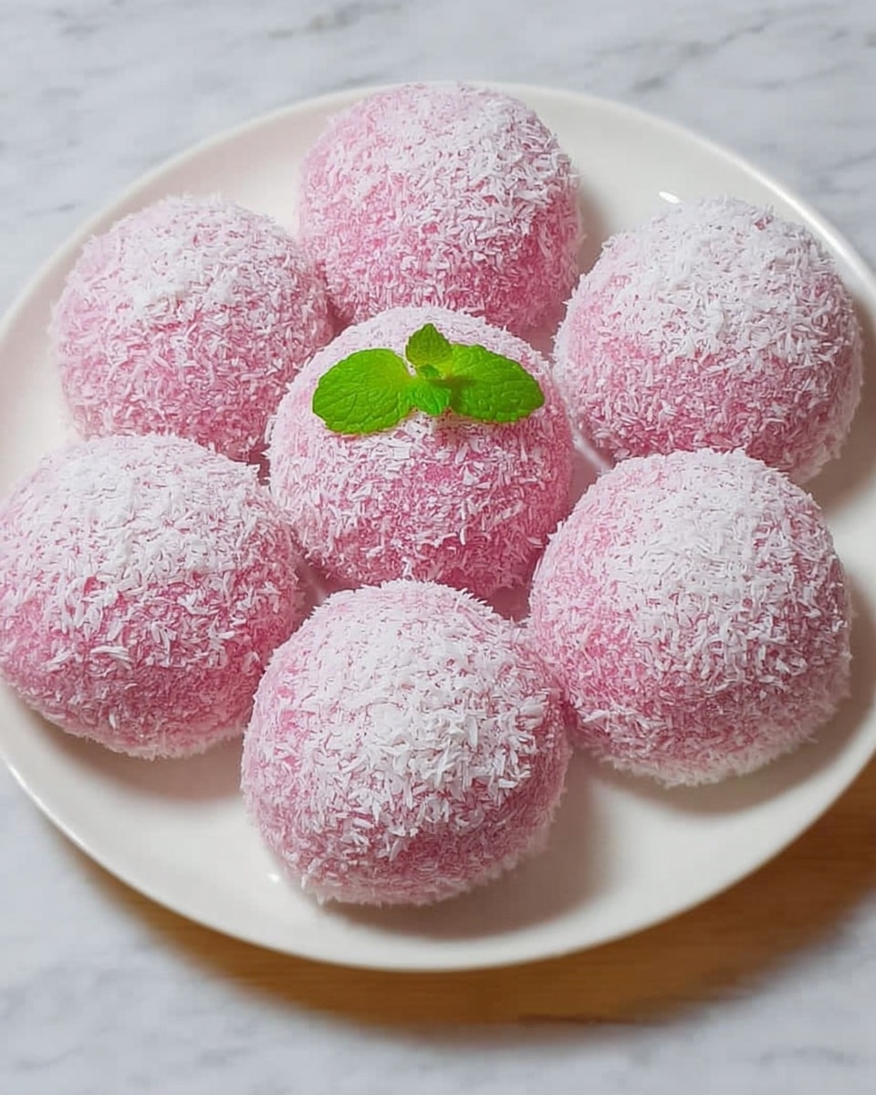 The image shows a white plate holding seven round pink cakes evenly coated in white shredded coconut. The cakes have a smooth, slightly textured surface under the coconut layer. They are arranged in a circular pattern with one cake in the center and six placed around it. On top of the center cake, there is a small garnish of two bright green mint leaves. The plate sits on a white marbled surface. photo taken with an iphone --ar 4:5 --v 7