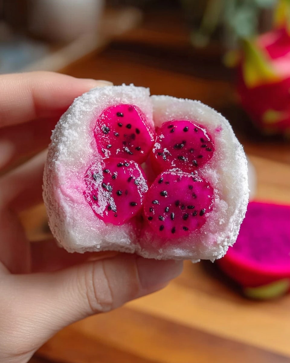 A close-up of a pink mochi held by a woman's hand, split open to show its inside. The outer layer is soft, powdery, and covered with a light dusting of white coconut flakes. Inside, three chunky pieces of bright pink dragon fruit with small black seeds sit on a smooth, glossy, and slightly translucent pink jelly layer. The background is blurry but shows a warm-toned wooden surface. photo taken with an iphone --ar 4:5 --v 7