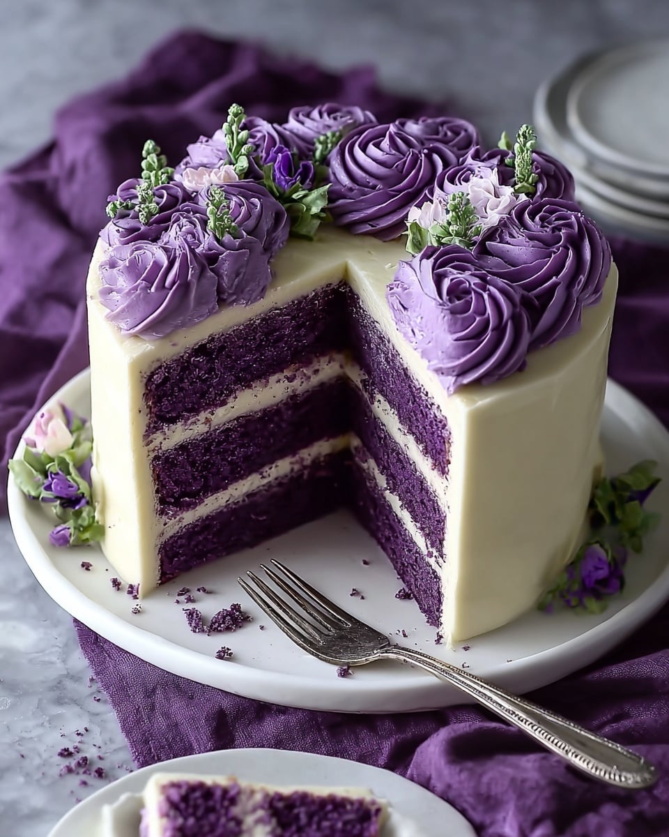 The image shows a two-layer cake with deep purple sponge inside, each layer separated by a smooth, light cream-colored frosting. The outside of the cake is covered in the same light cream frosting, creating a neat finish. On top, a ring of thick, swirled purple frosting rosettes decorates the edge, with small green and purple floral sprigs placed between them. A slice is removed to show the inner texture, next to a silver fork with some purple crumbs on a white plate, all set on a white marbled textured surface with a purple cloth underneath. Photo taken with an iphone --ar 4:5 --v 7