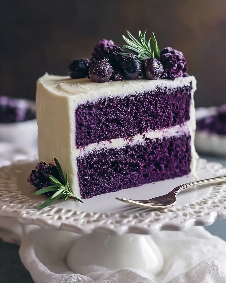 The image shows a two-layer slice of dark purple cake with a creamy white frosting layer between and covering the outside. The cake is placed on a white patterned cake stand, contrasting with the deep purple inside. On top of the cake, there are fresh dark purple berries and a small green rosemary sprig adding color and texture. The background is a white marbled texture with soft fabric and a silver fork placed near the base of the cake stand. photo taken with an iphone --ar 4:5 --v 7