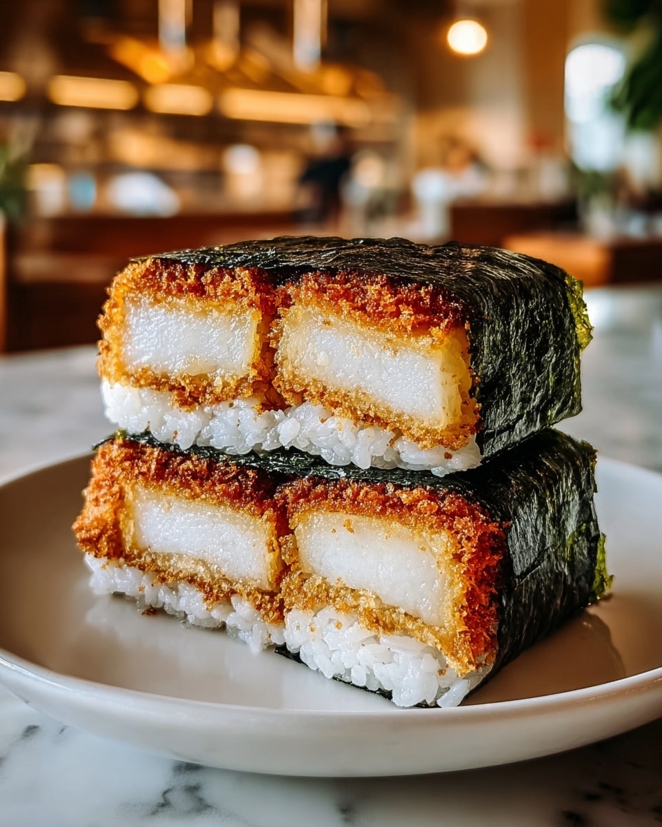A close-up of two sushi rice sandwiches stacked on top of each other on a white plate, each sandwich has a dark green seaweed wrap around the sides and a thick, golden-brown crispy fried layer in the middle with a light, creamy white filling inside. The sushi rice layers are white and slightly sticky, positioned above and below the fried filling and seaweed, with the crispy texture clearly visible. The white plate sits on a white marbled surface with a blurred kitchen background, showing warm tones and soft lighting. Photo taken with an iphone --ar 4:5 --v 7
