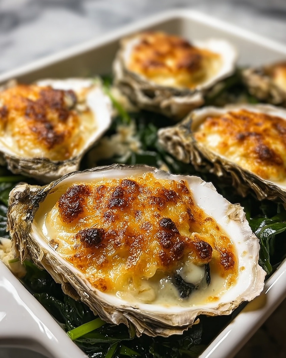 The image shows five baked oysters served in large textured oyster shells, each oyster topped with a golden, bubbly cheese crust that is slightly browned and crispy. The oysters themselves are plump and moist, nestled inside the shells which are resting on a bed of wilted dark green leafy vegetables, adding a fresh contrast beneath the shells. The oysters and greens are all contained in a white ceramic rectangular dish. The background features a white marbled texture. The close-up shot focuses on the front oyster, with the others softly blurred in the background, creating a rich, inviting look. photo taken with an iphone --ar 4:5 --v 7