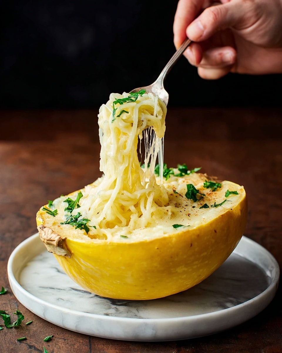 A yellow hollowed-out squash bowl is filled with creamy, melted pale yellow cheese and noodle layers. The cheese inside is smooth and stringy, stretching upwards from the bowl as a spoon lifts it. Small green parsley leaves are scattered inside the squash bowl and on a white round plate beneath it. The plate rests on a dark wooden surface with a white marbled texture background. A woman's hand holds the spoon lifting the cheese noodles. Photo taken with an iphone --ar 4:5 --v 7