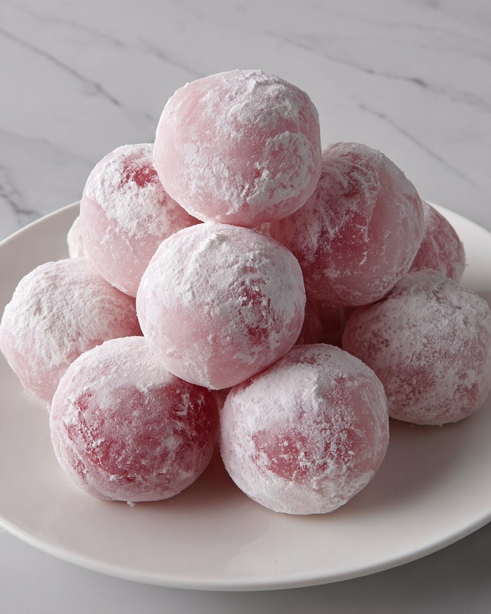 A white plate filled with nine round pink mochi balls, each covered in a light dusting of white powder that gives them a soft, slightly textured look. The mochi balls are smooth with some uneven powder patches showing more of the pink beneath, stacked in a loose pile that creates a soft mound on the plate. The background shows a white marbled surface that enhances the gentle and delicate appearance of the mochi. photo taken with an iphone --ar 4:5 --v 7